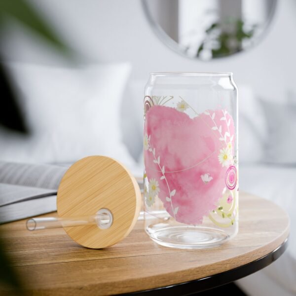 Pink Watercolor Heart & Floral 16oz Glass Sipper with Reusable Straw