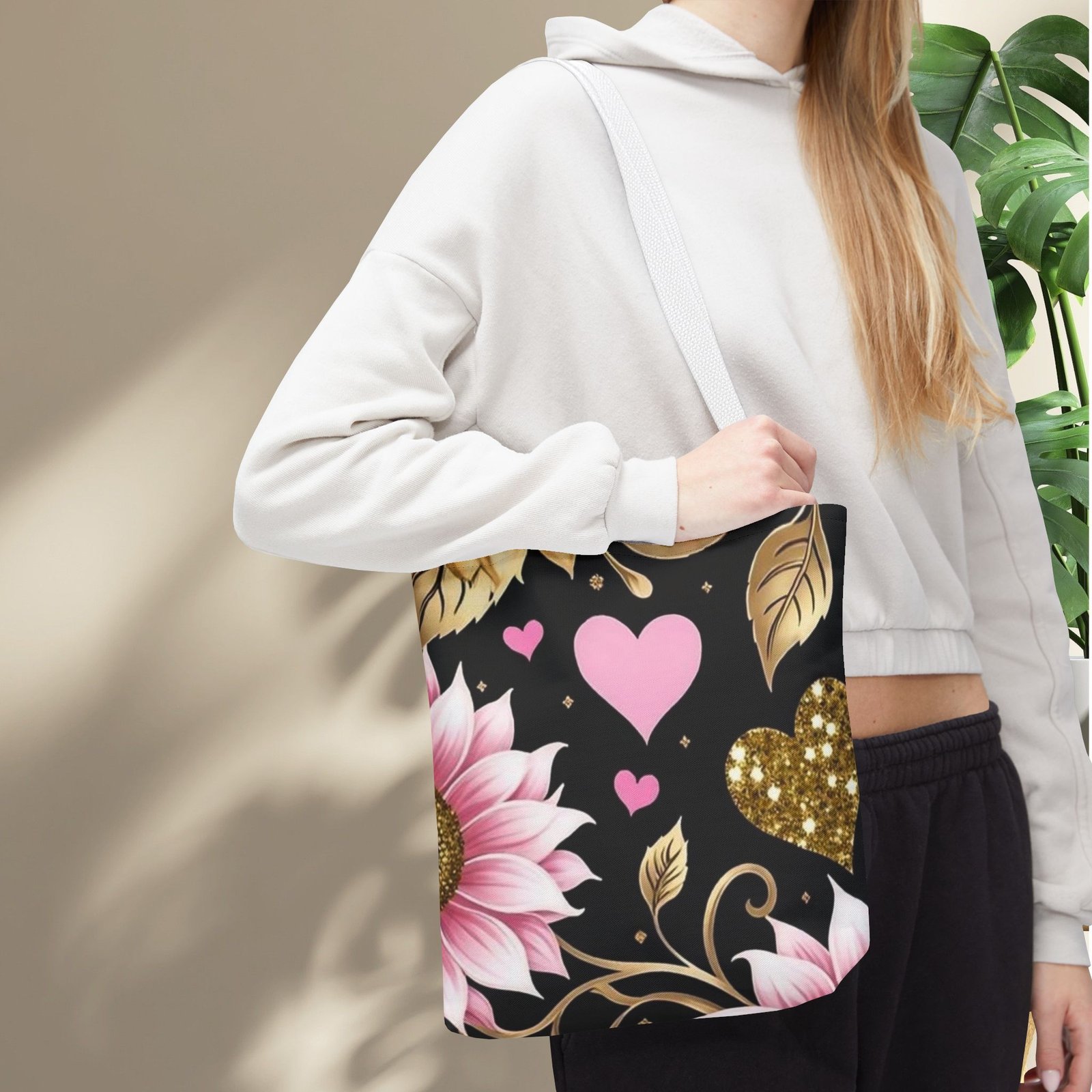 Pink Floral & Glitter Gold Hearts Tote Bag - Image 17