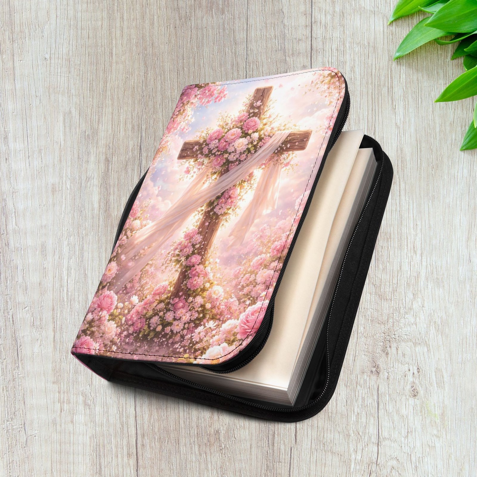 Pink Floral Cross Zippered Bible Cover Case - Image 15