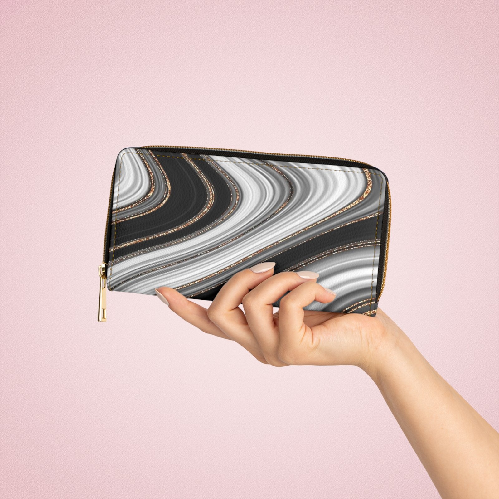 Marble Swirl Black, White & Gold Zipper Wallet - Image 3