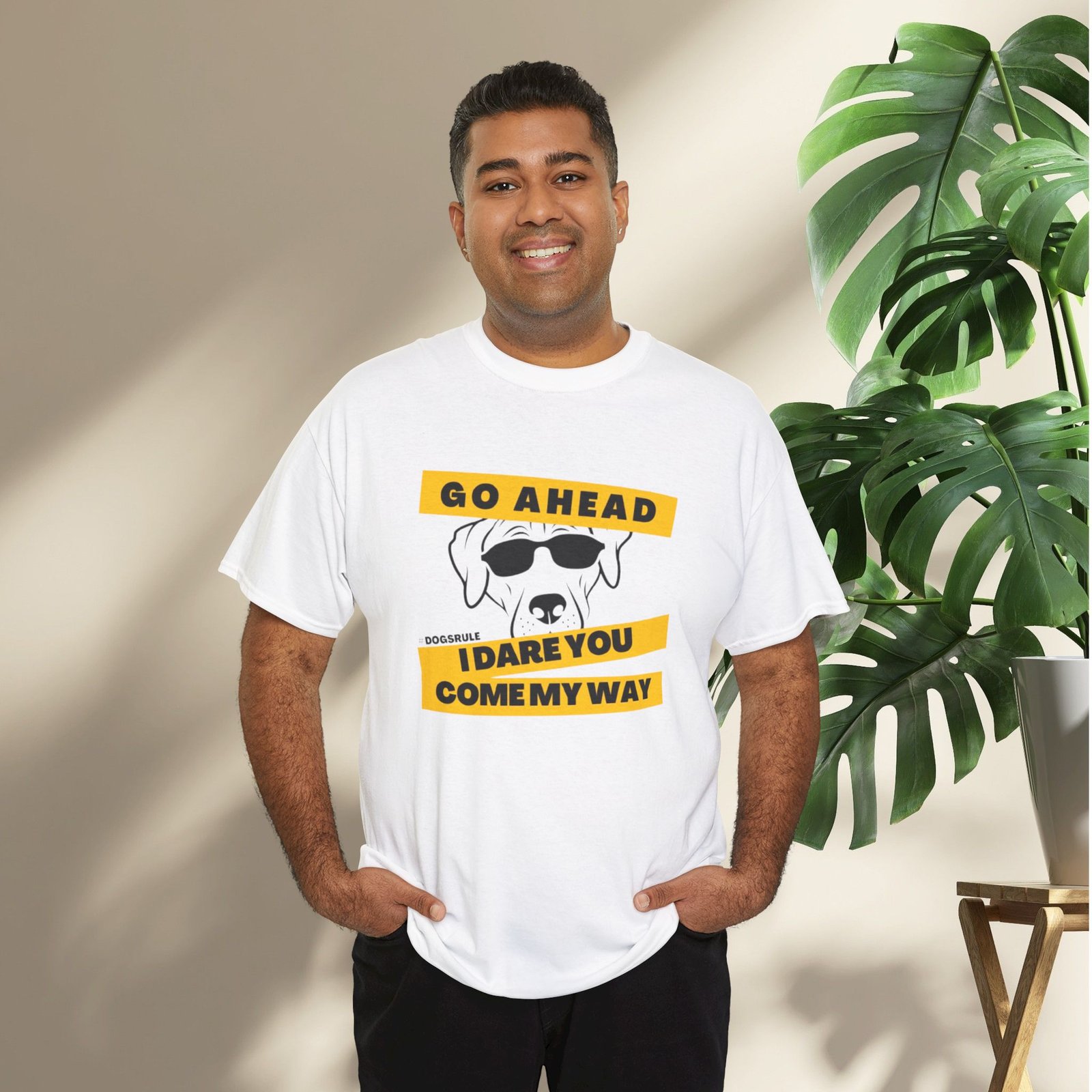 "Go Ahead I Dare You Come My Way" #Dogsrule Sunglasses Pup Unisex T-Shirt - Image 4