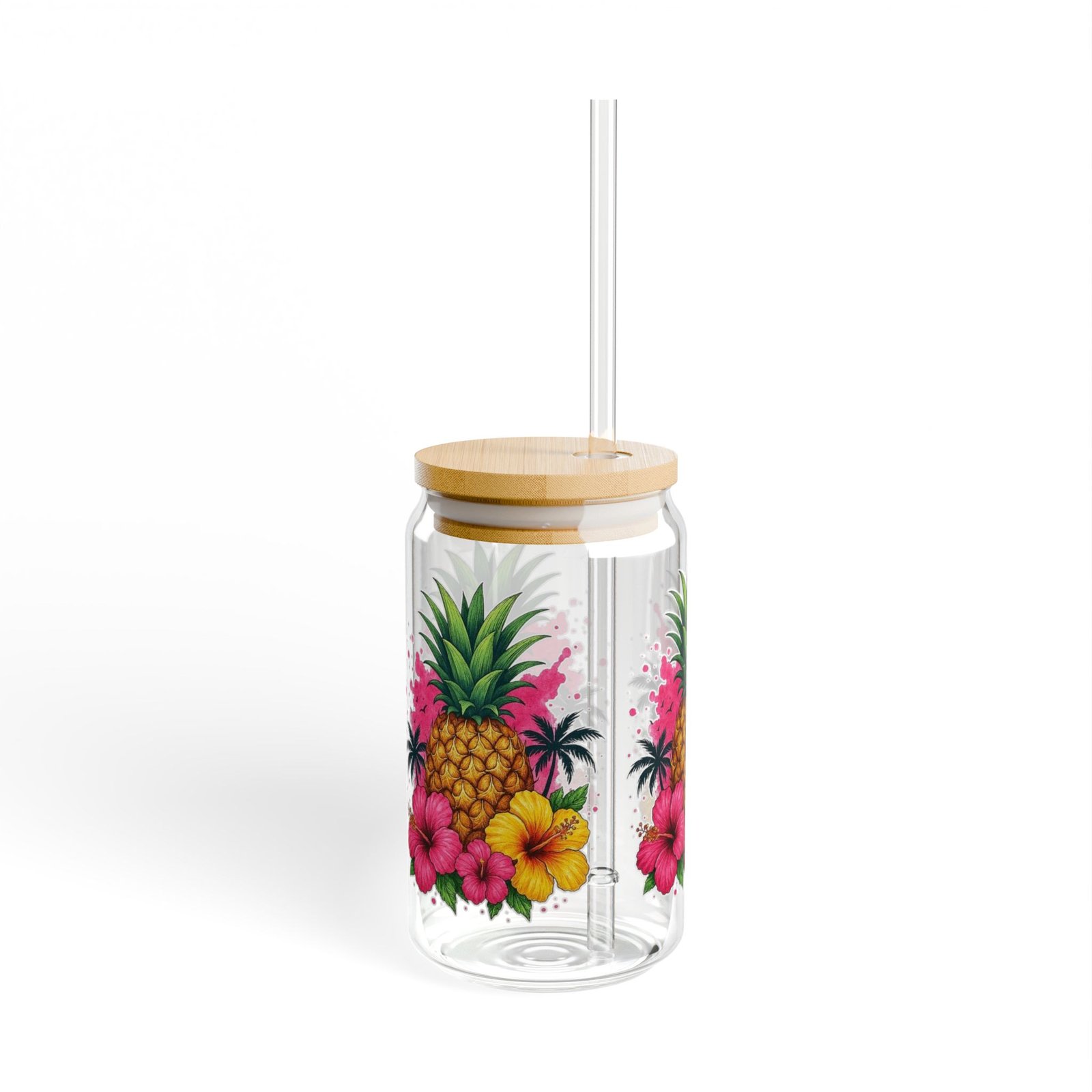 Pineapple Hibiscus Tropical Sipper Glass – 16oz with Straw - Image 2