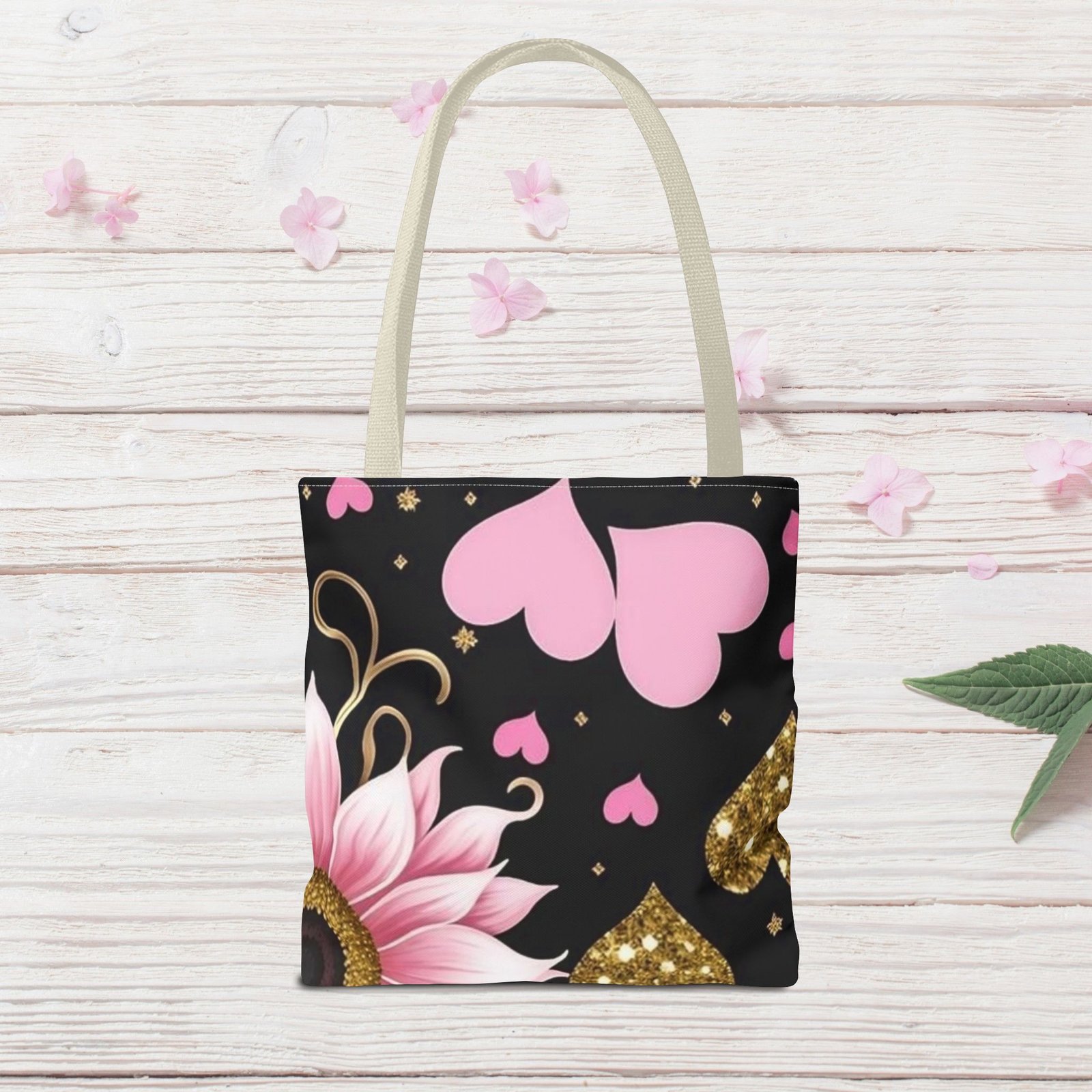 Pink Floral & Glitter Gold Hearts Tote Bag - Image 20