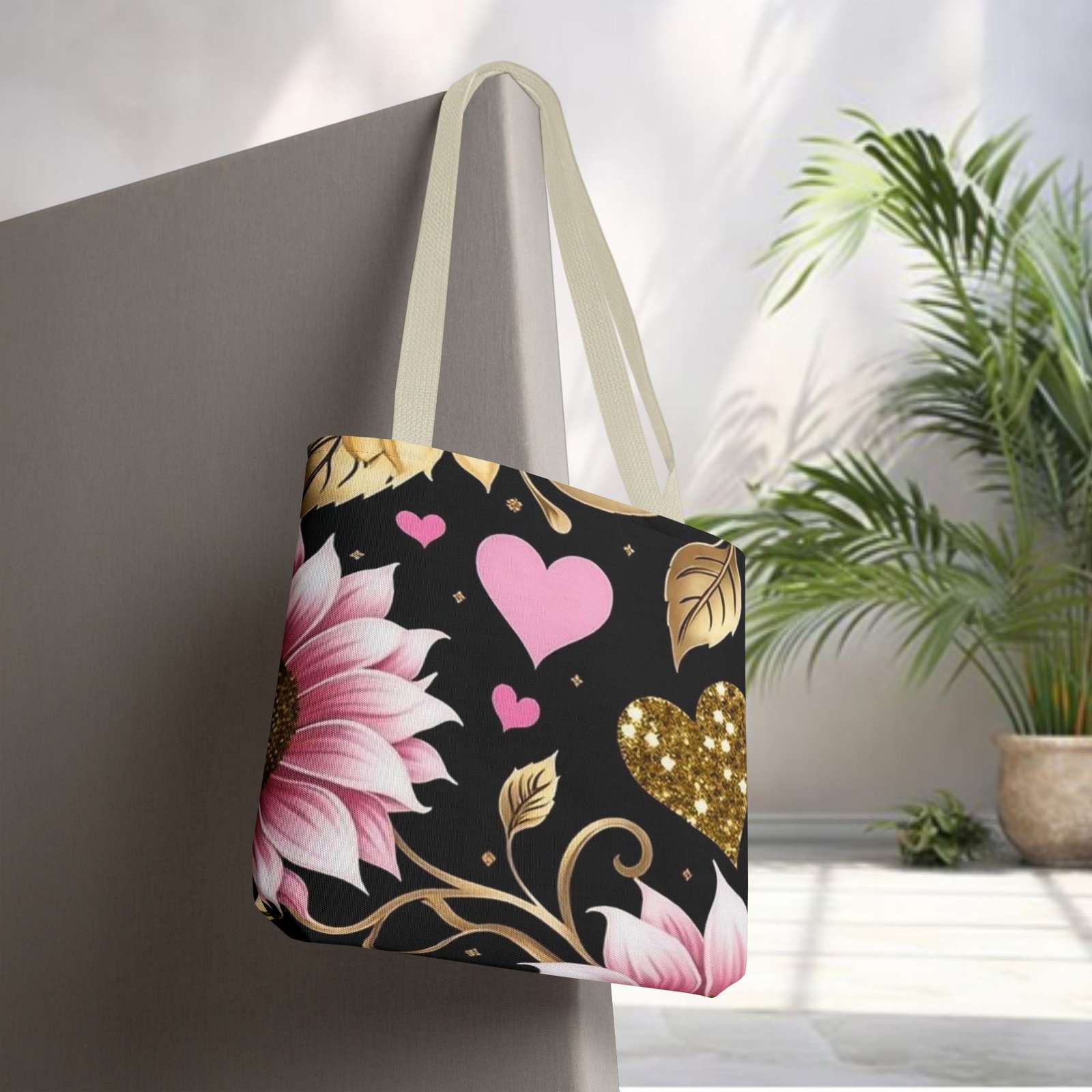 Pink Floral & Glitter Gold Hearts Tote Bag - Image 24