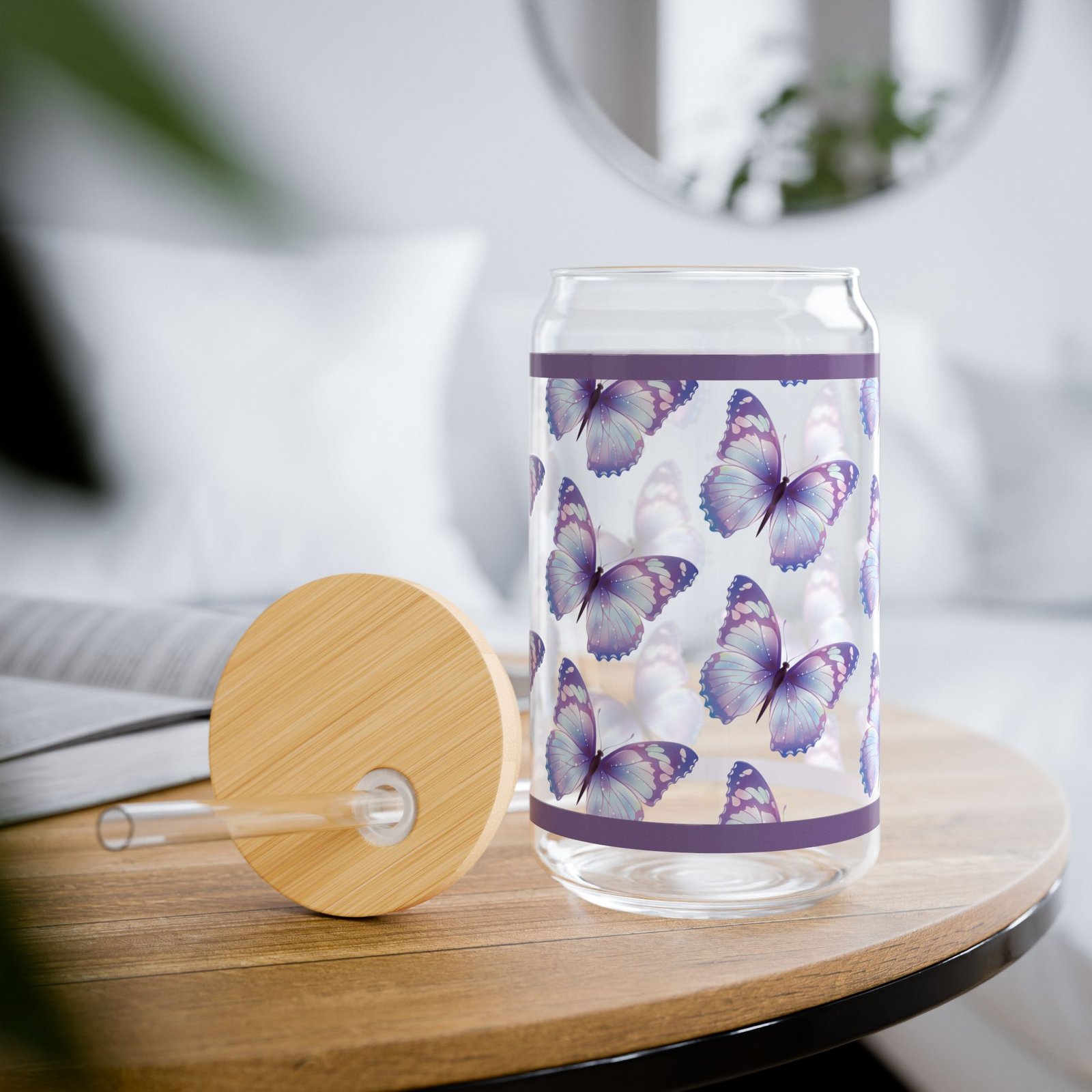 Purple Spring Butterfly Sipper Glass — Reusable Straw (16 oz)