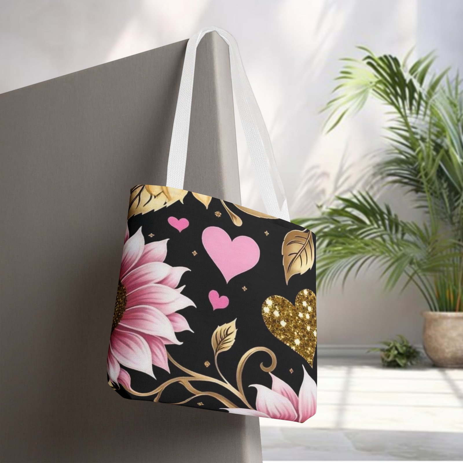Pink Floral & Glitter Gold Hearts Tote Bag - Image 18