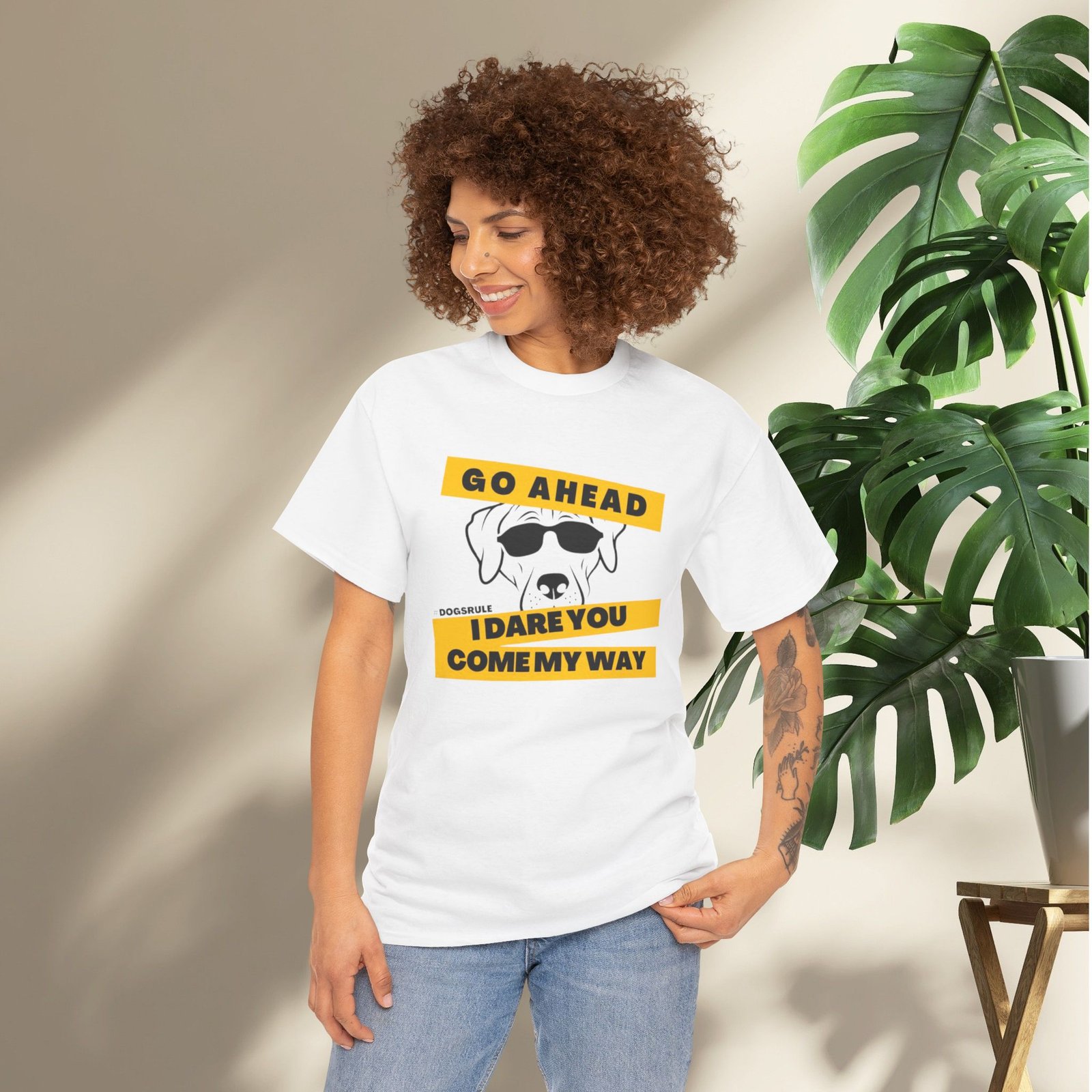 "Go Ahead I Dare You Come My Way" #Dogsrule Sunglasses Pup Unisex T-Shirt - Image 3