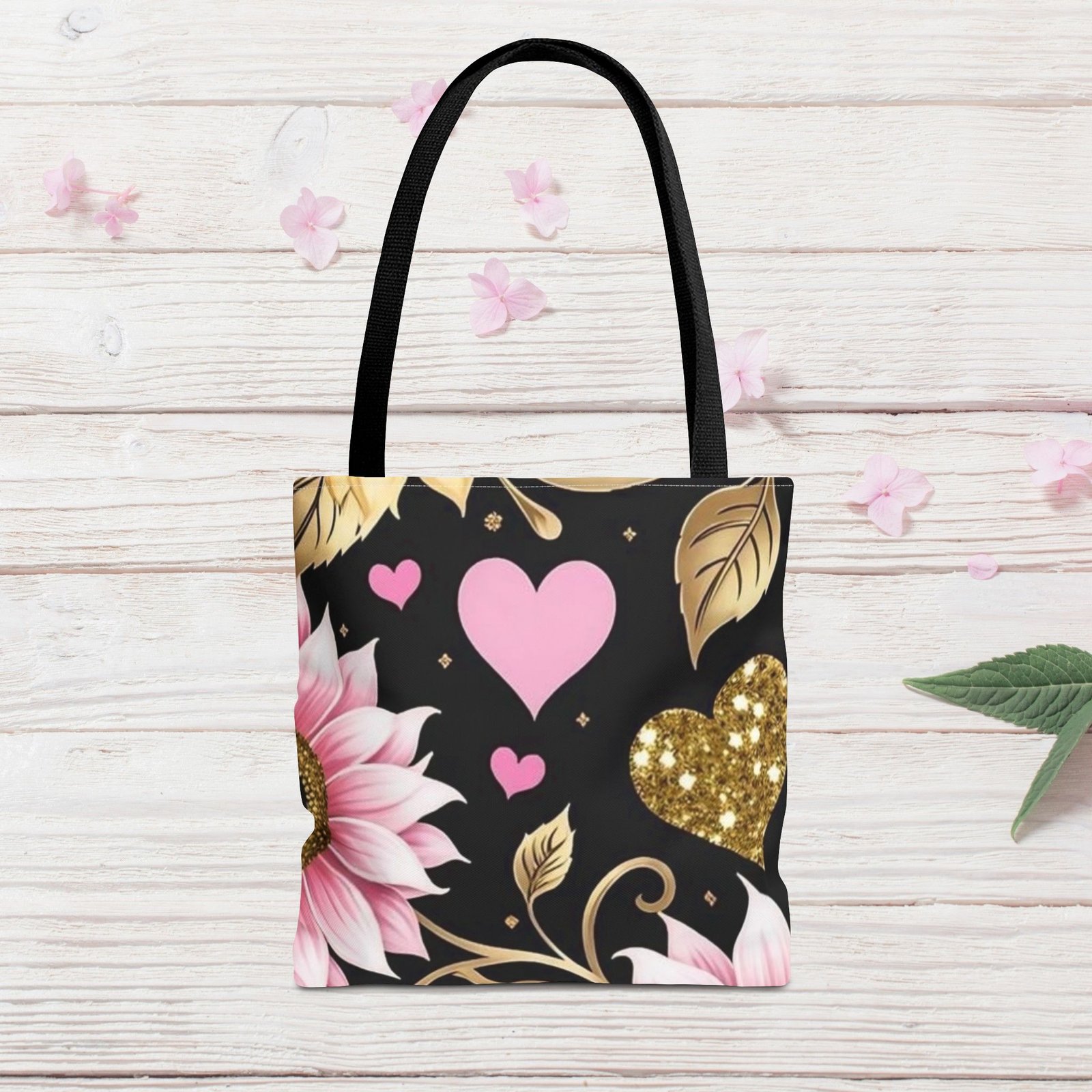Pink Floral & Glitter Gold Hearts Tote Bag - Image 2