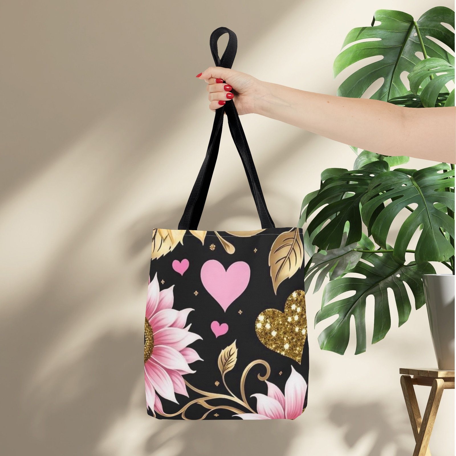 Pink Floral & Glitter Gold Hearts Tote Bag - Image 4