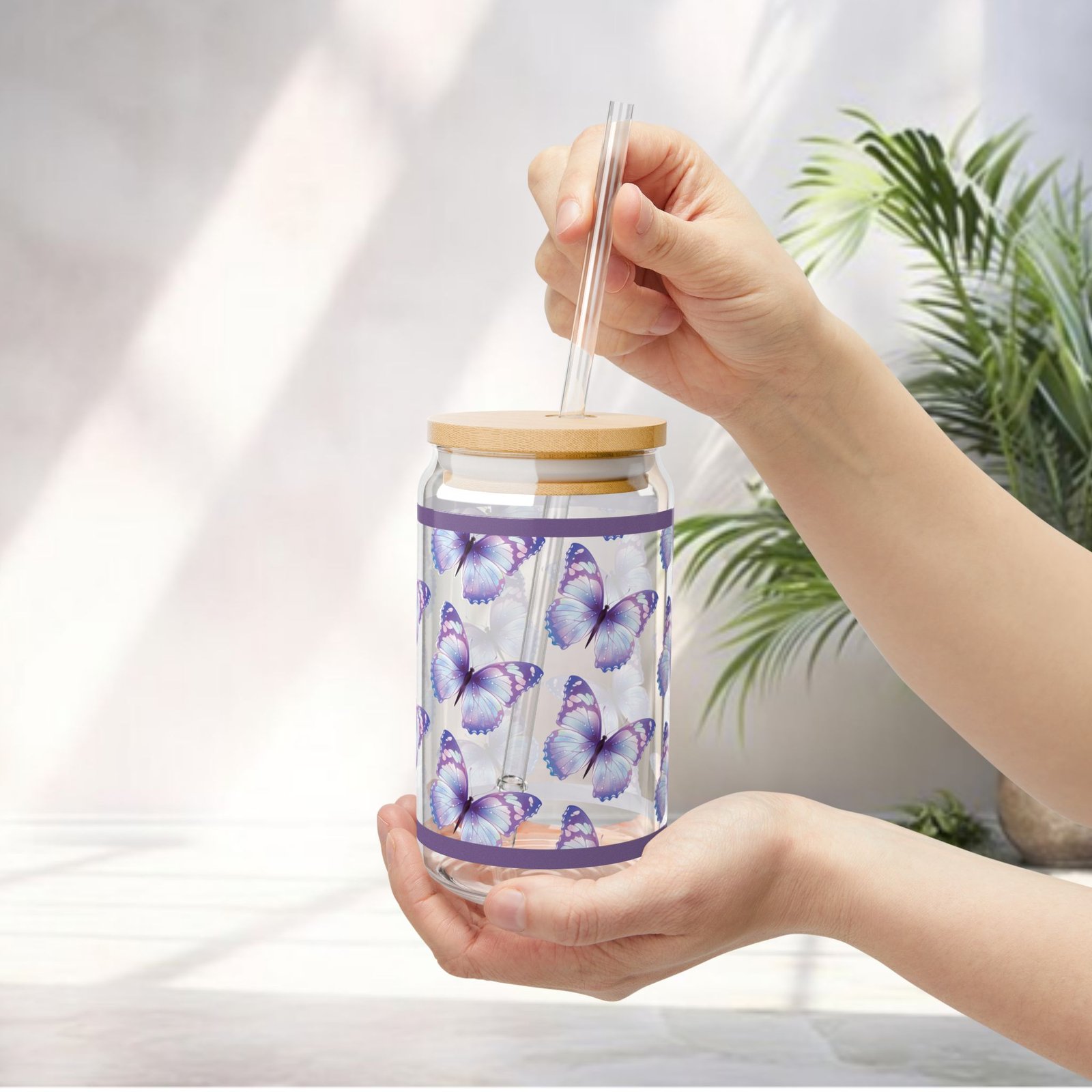 Purple Spring Butterfly Sipper Glass  — Reusable Straw (16 oz) - Image 7