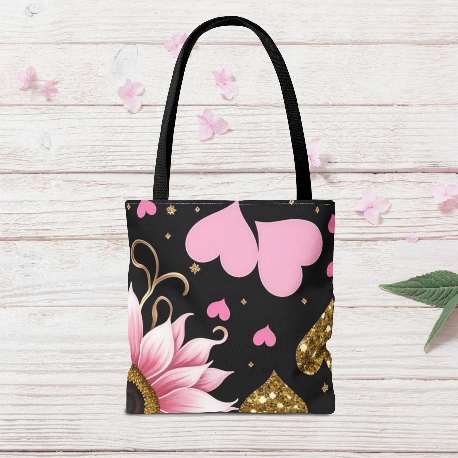 Pink Floral & Glitter Gold Hearts Tote Bag - Image 3