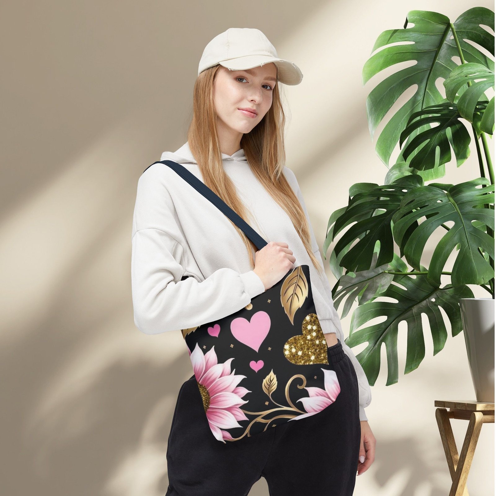 Pink Floral & Glitter Gold Hearts Tote Bag - Image 28