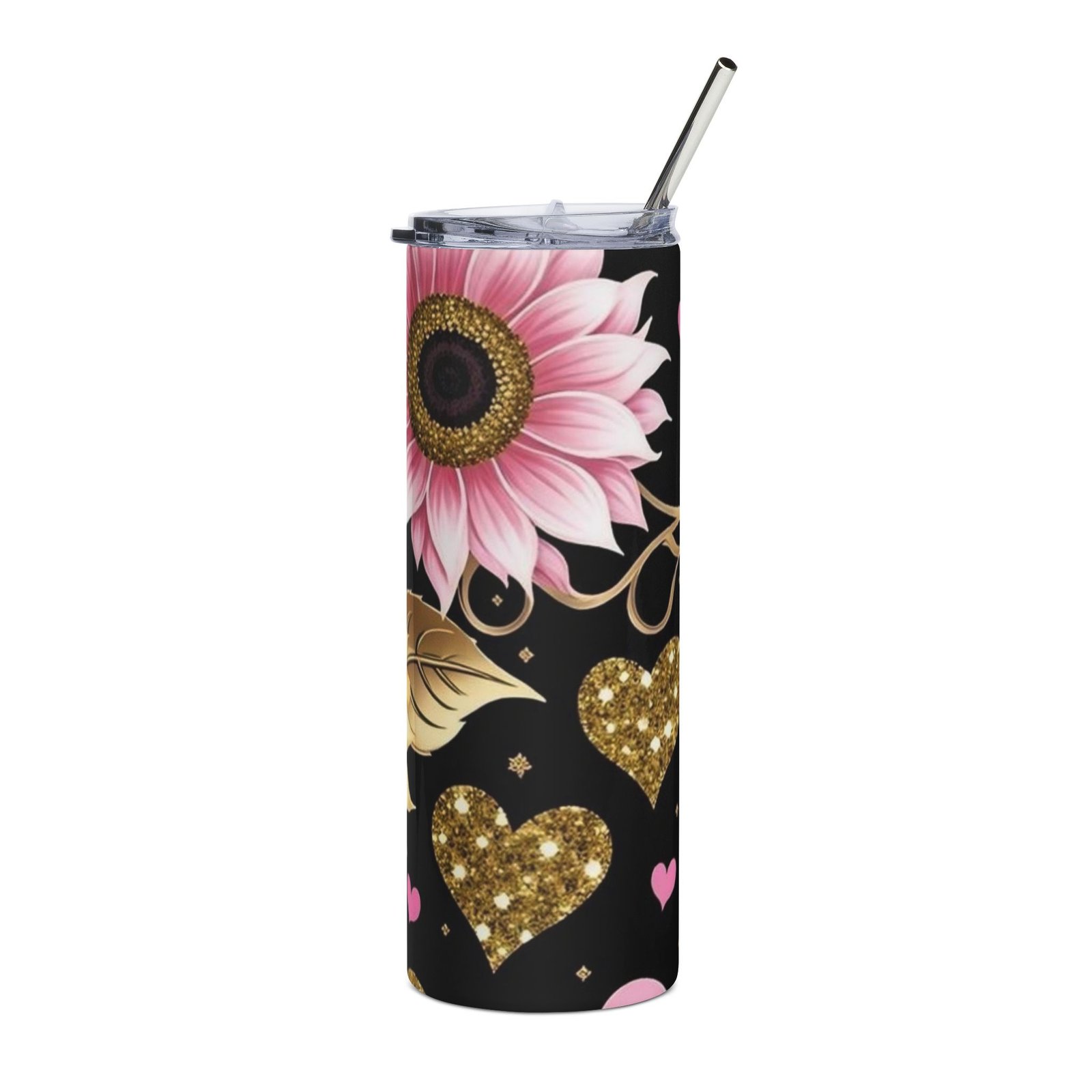 Pink Floral & Glitter Gold Hearts 20oz Stainless Tumbler - Image 3