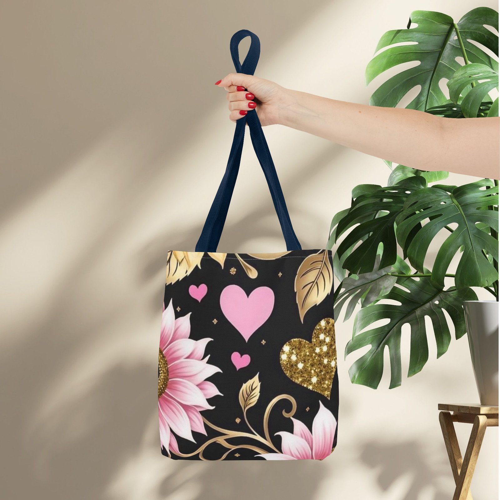 Pink Floral & Glitter Gold Hearts Tote Bag - Image 27
