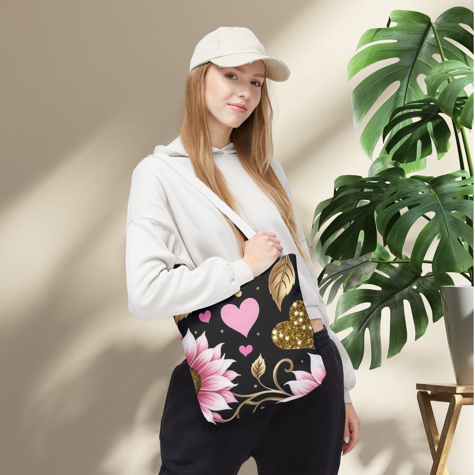 Pink Floral & Glitter Gold Hearts Tote Bag - Image 16