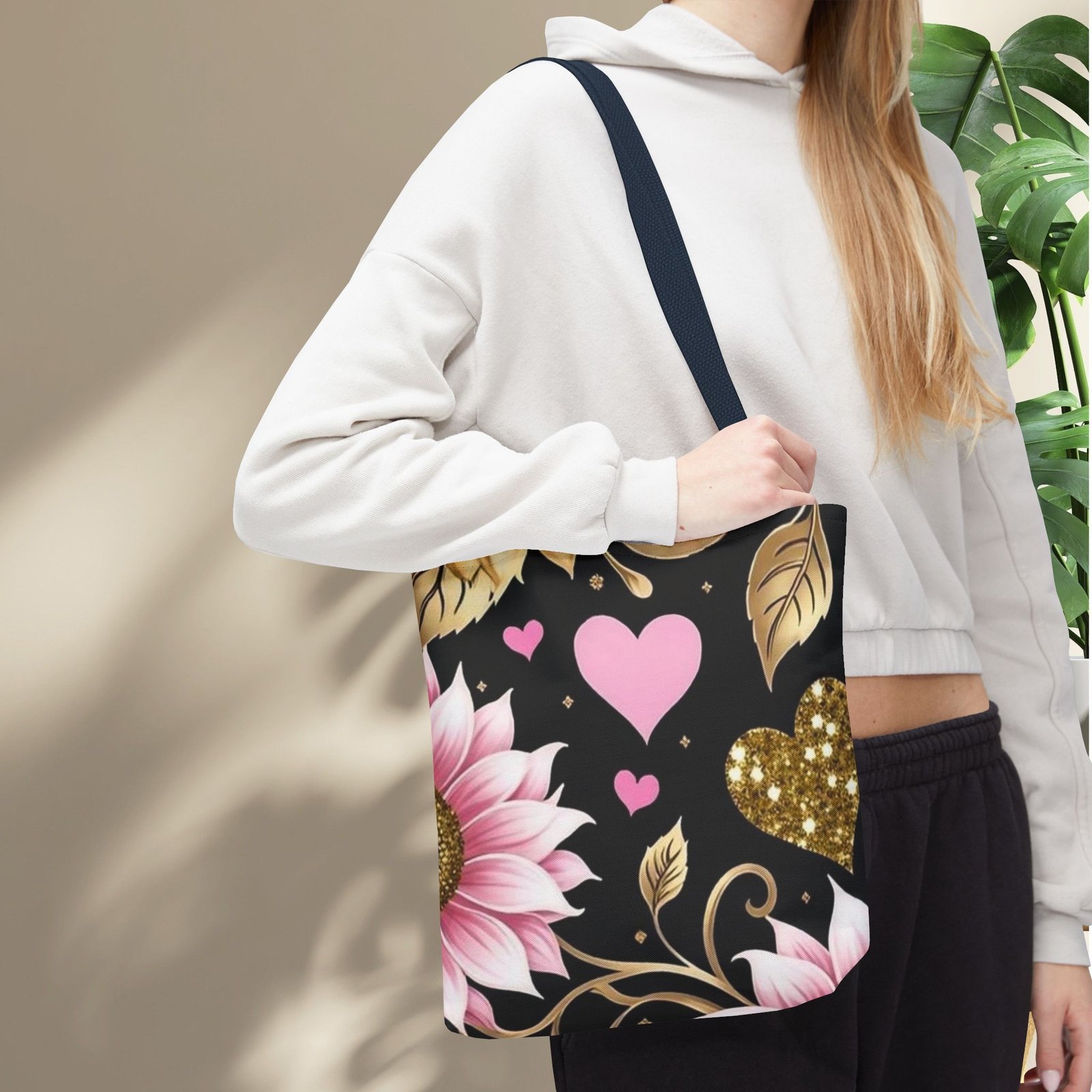 Pink Floral & Glitter Gold Hearts Tote Bag - Image 29