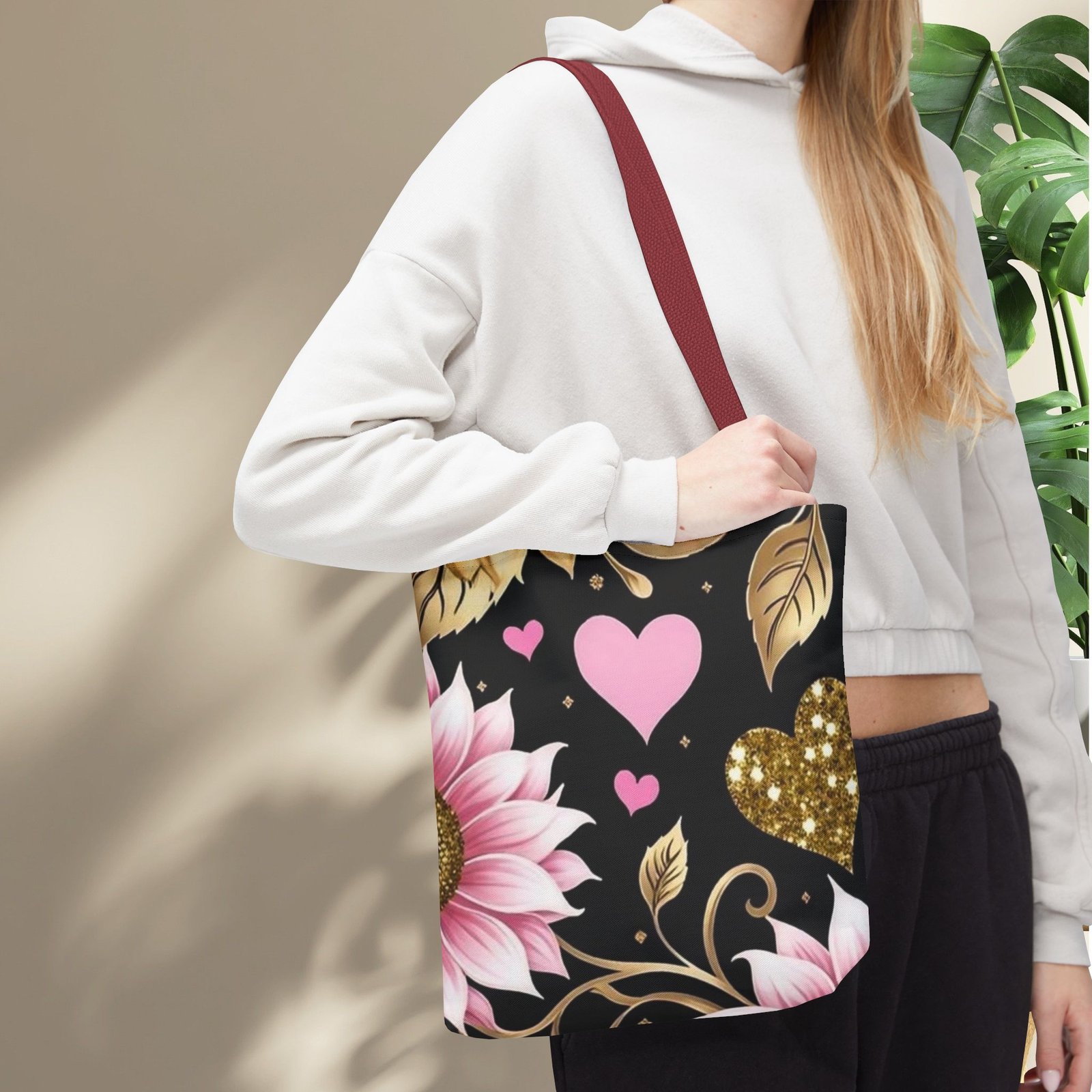 Pink Floral & Glitter Gold Hearts Tote Bag - Image 11