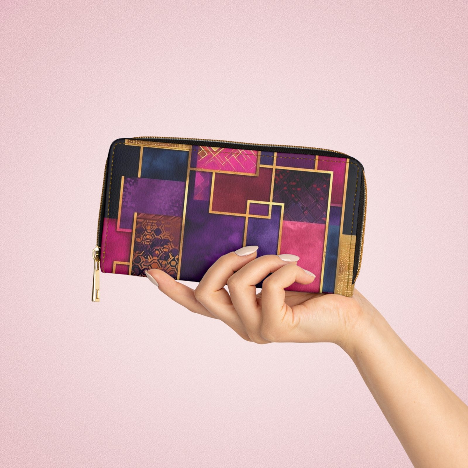 Boho Multi Color Geometric Patchwork Zipper Wallet - Image 3