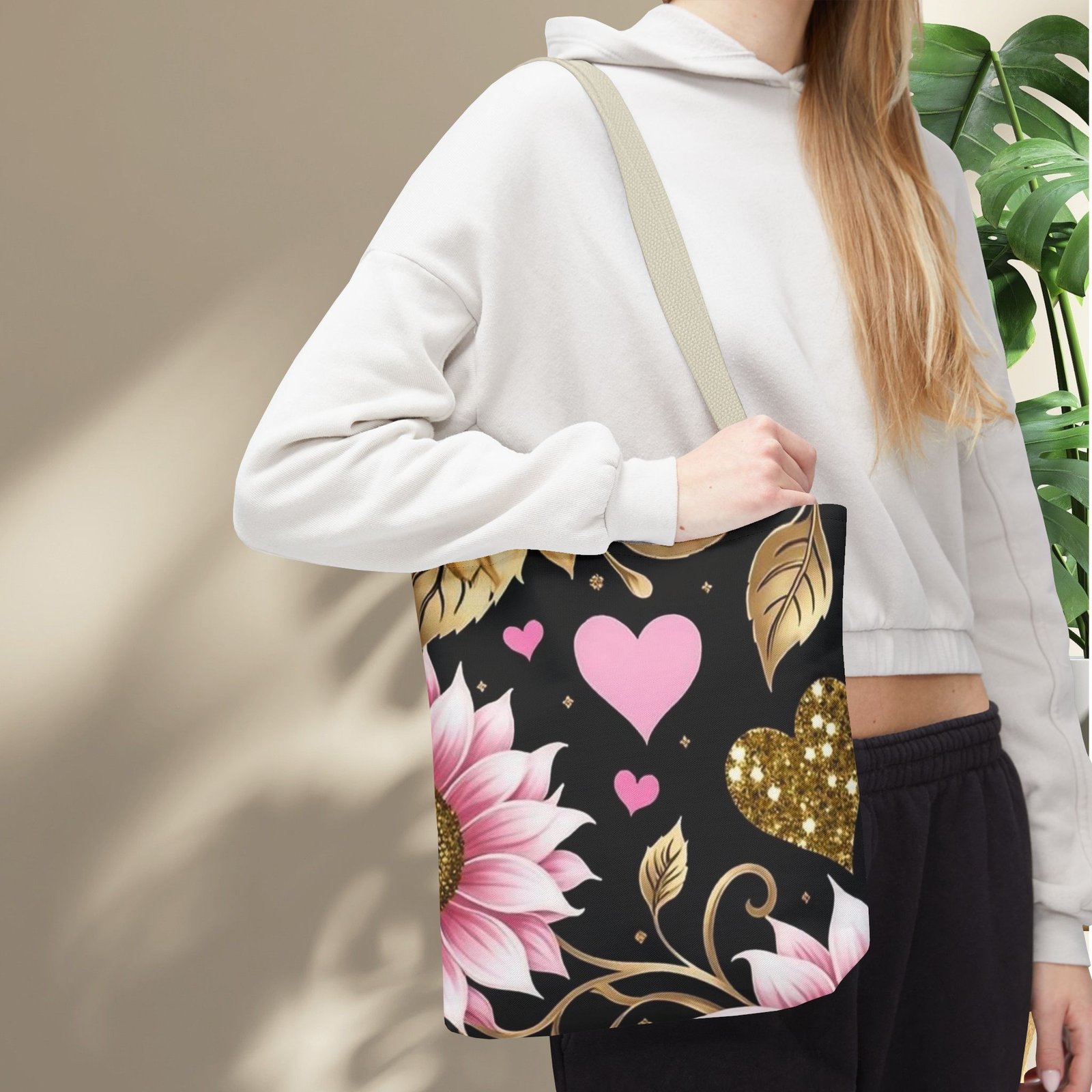 Pink Floral & Glitter Gold Hearts Tote Bag - Image 23