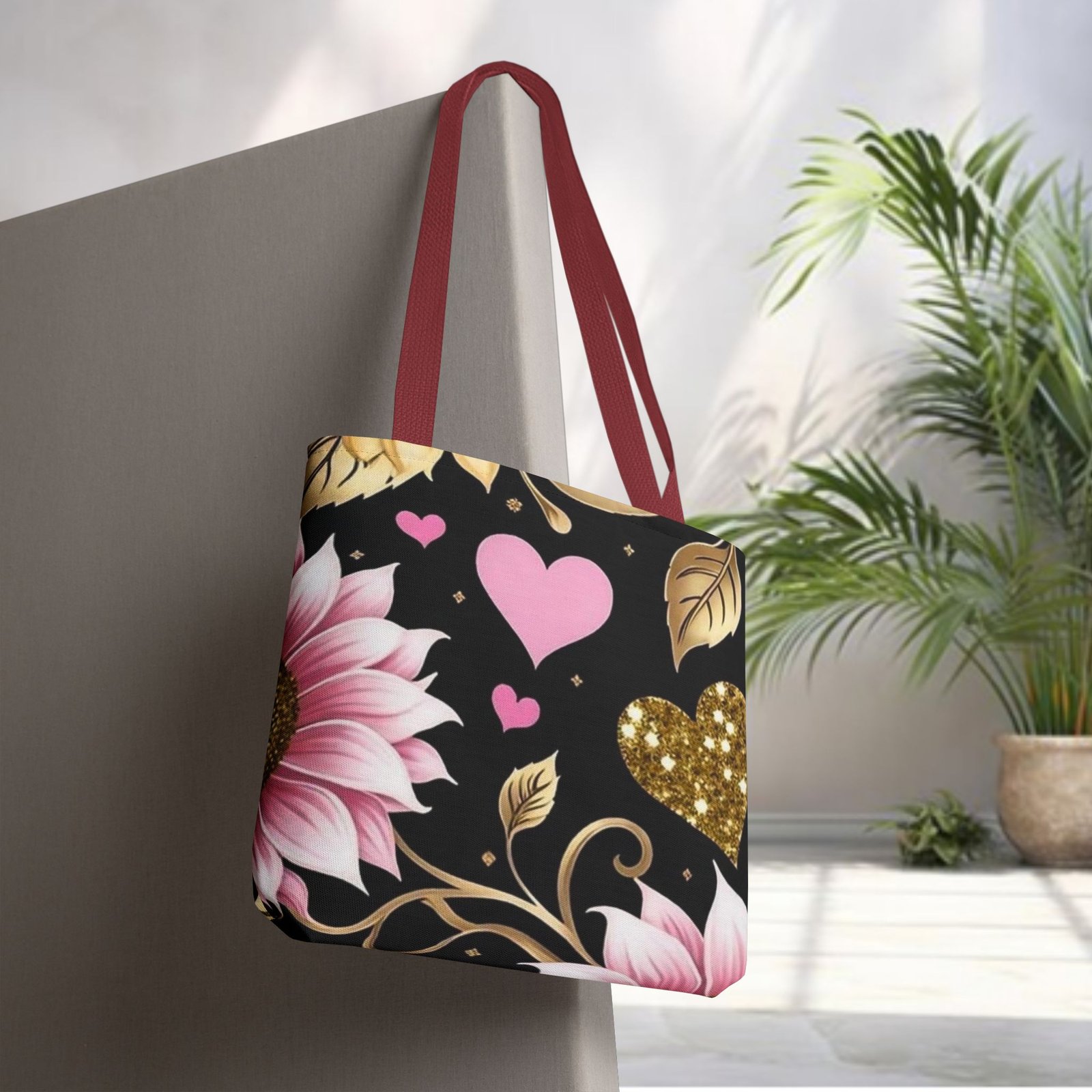 Pink Floral & Glitter Gold Hearts Tote Bag - Image 12