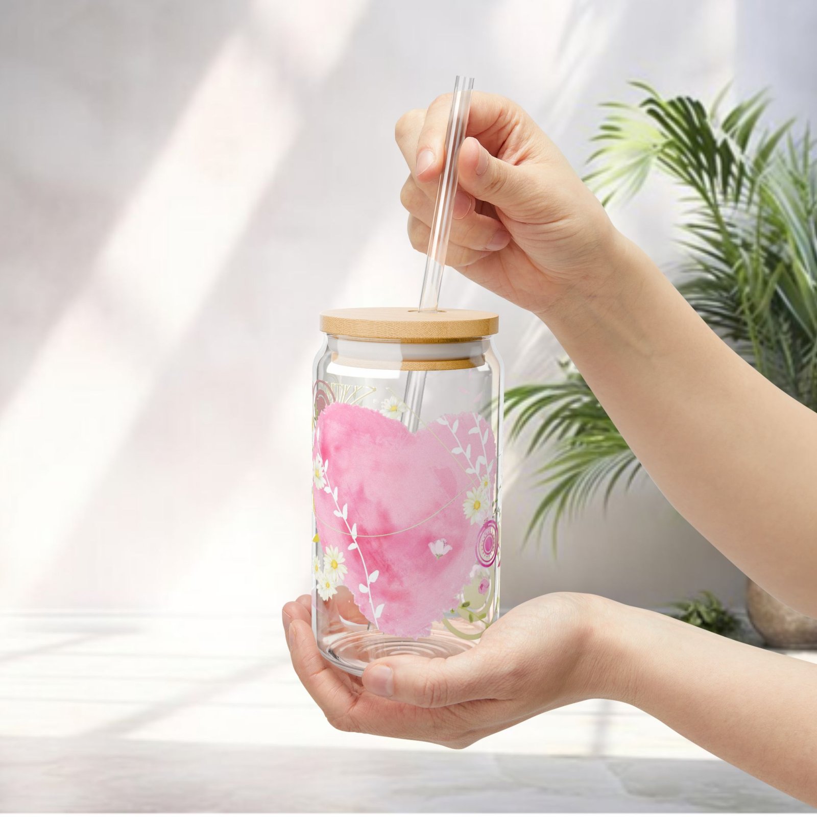 Pink Watercolor Heart & Floral 16oz Glass Sipper with Reusable Straw - Image 8