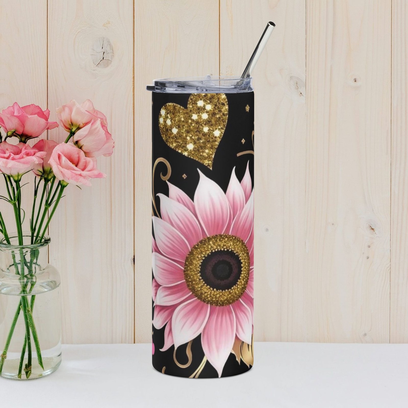 Pink Floral & Glitter Gold Hearts 20oz Stainless Tumbler