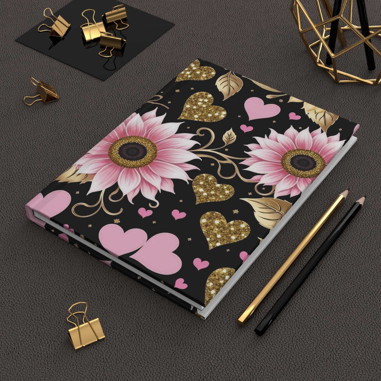 Floral Pink & Glitter Gold Hearts Hardcover Journal
