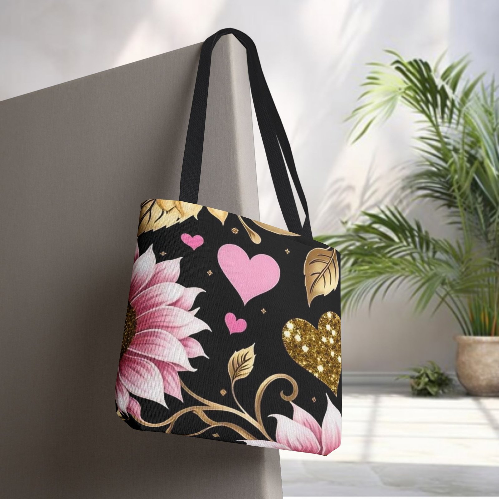 Pink Floral & Glitter Gold Hearts Tote Bag - Image 1