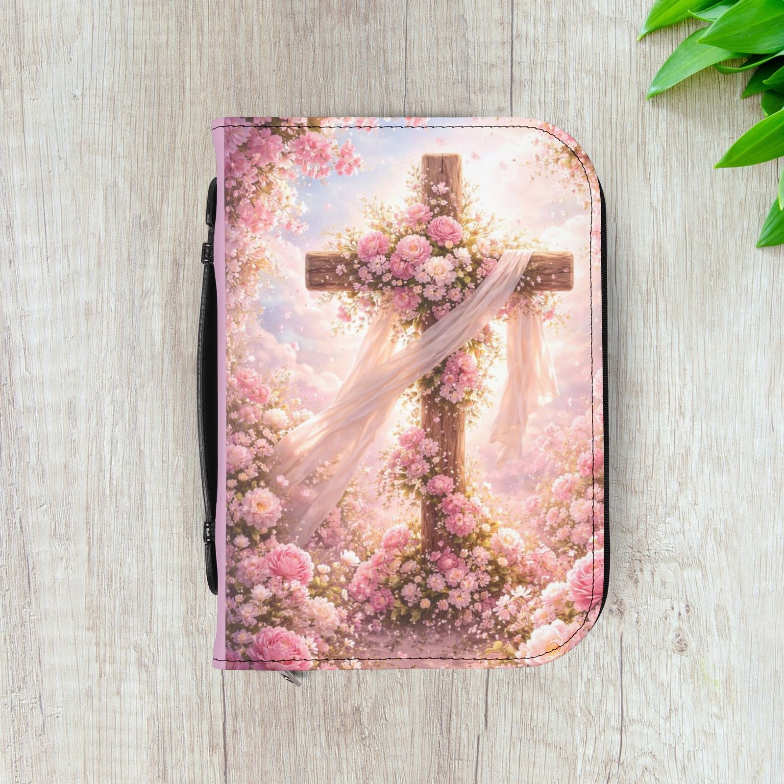 Pink Floral Cross Zippered Bible Cover Case - Image 6
