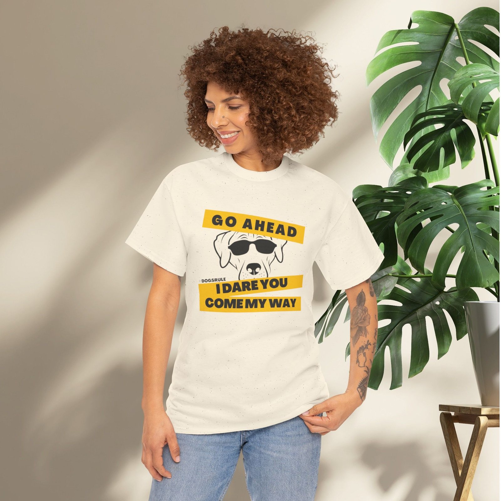 "Go Ahead I Dare You Come My Way" #Dogsrule Sunglasses Pup Unisex T-Shirt - Image 14