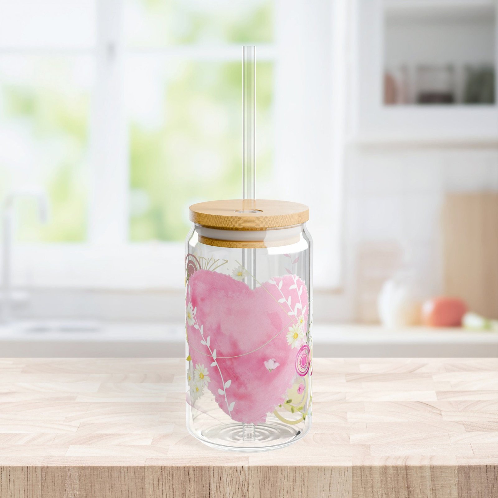 Pink Watercolor Heart & Floral 16oz Glass Sipper with Reusable Straw - Image 2
