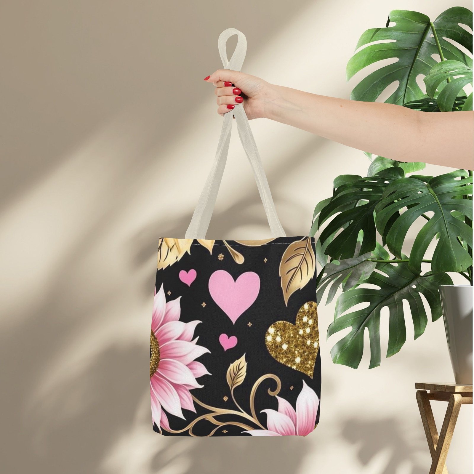 Pink Floral & Glitter Gold Hearts Tote Bag - Image 21