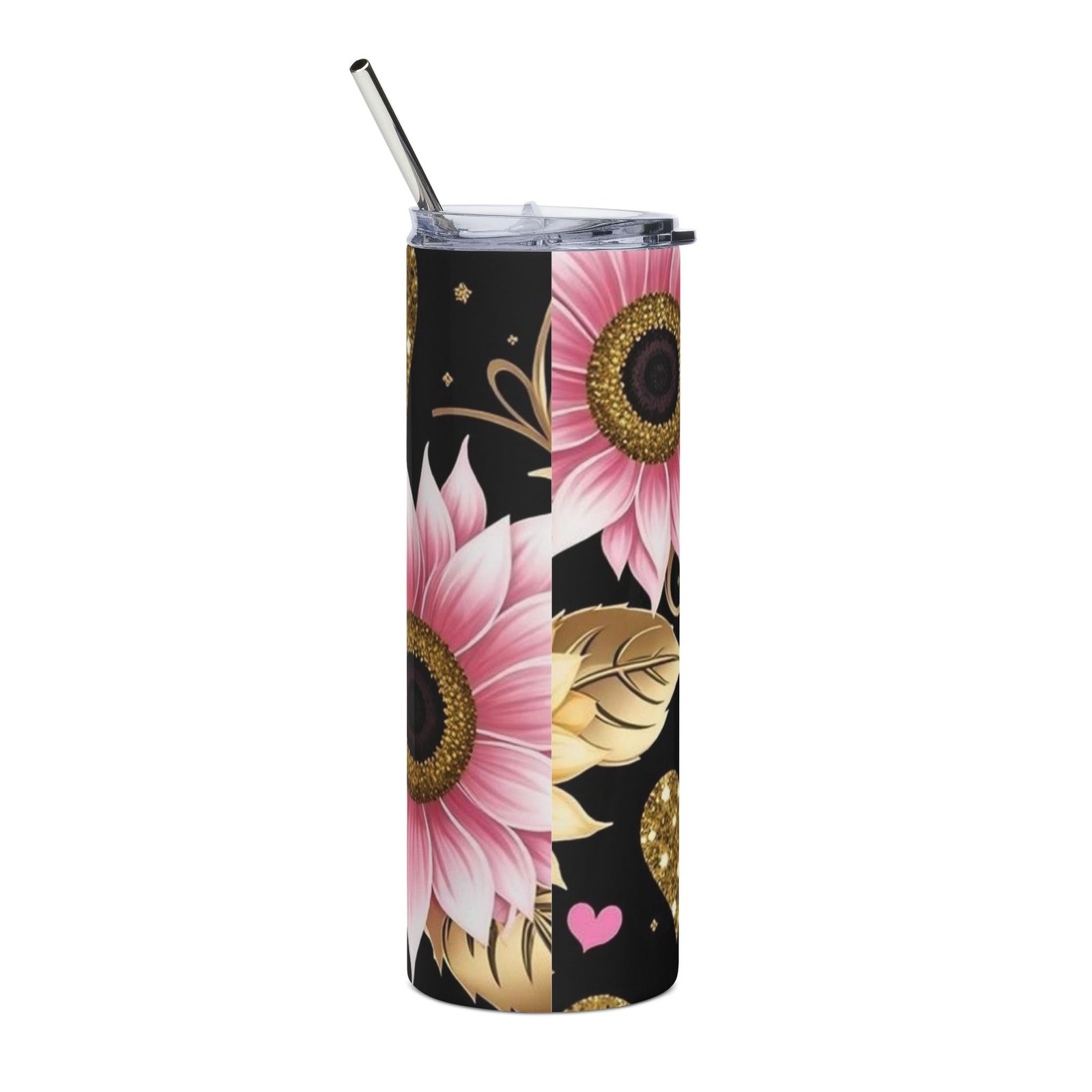 Pink Floral & Glitter Gold Hearts 20oz Stainless Tumbler - Image 4