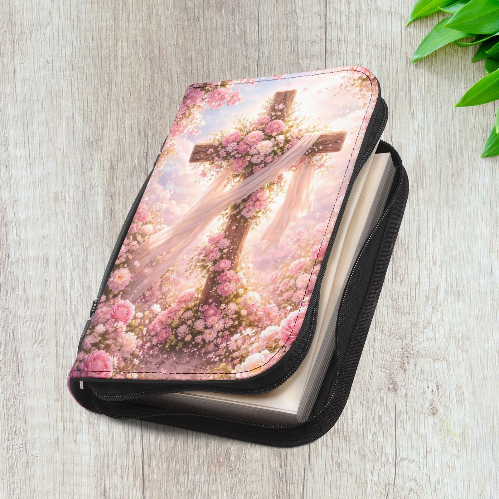 Pink Floral Cross Zippered Bible Cover Case - Image 10