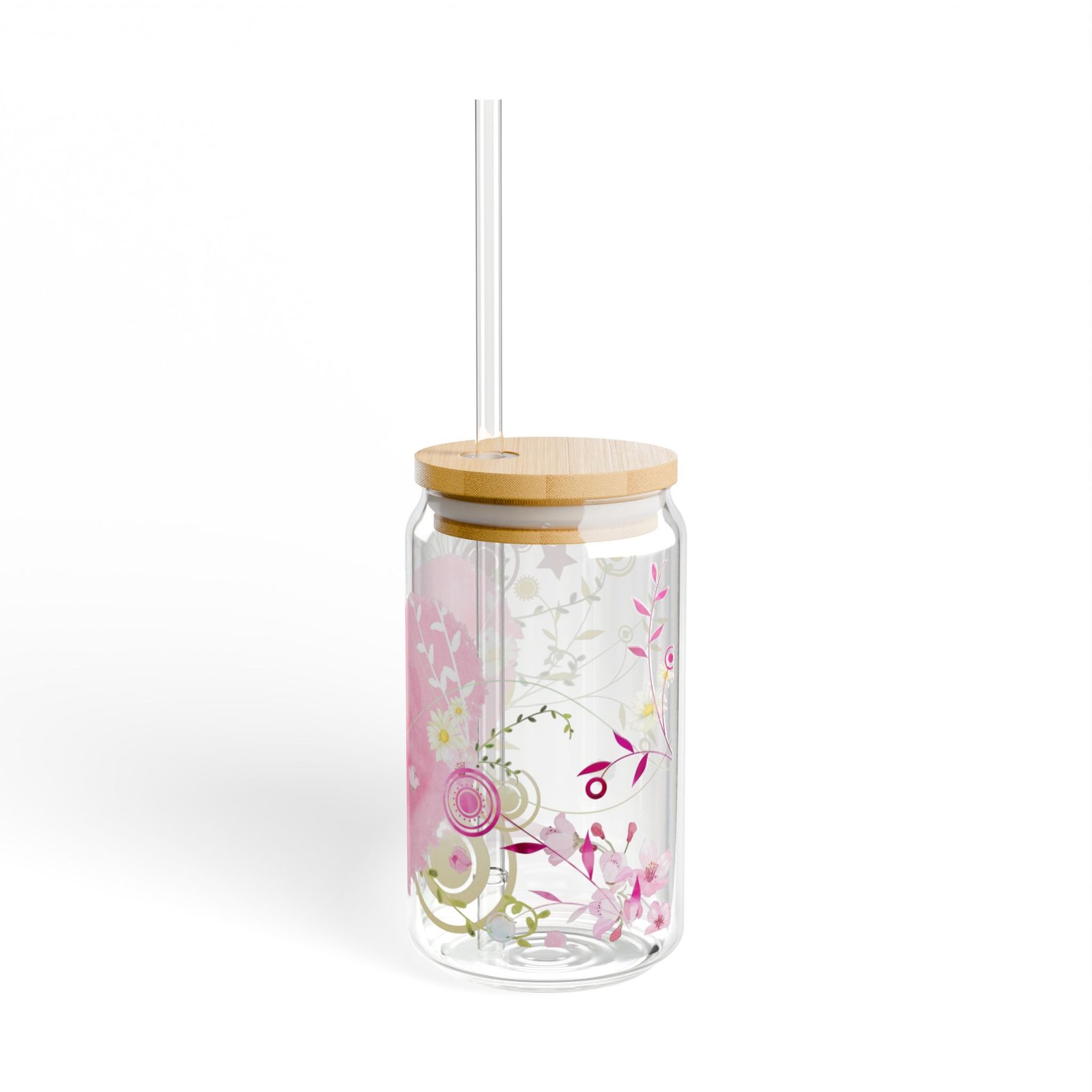 Pink Watercolor Heart & Floral 16oz Glass Sipper with Reusable Straw - Image 5