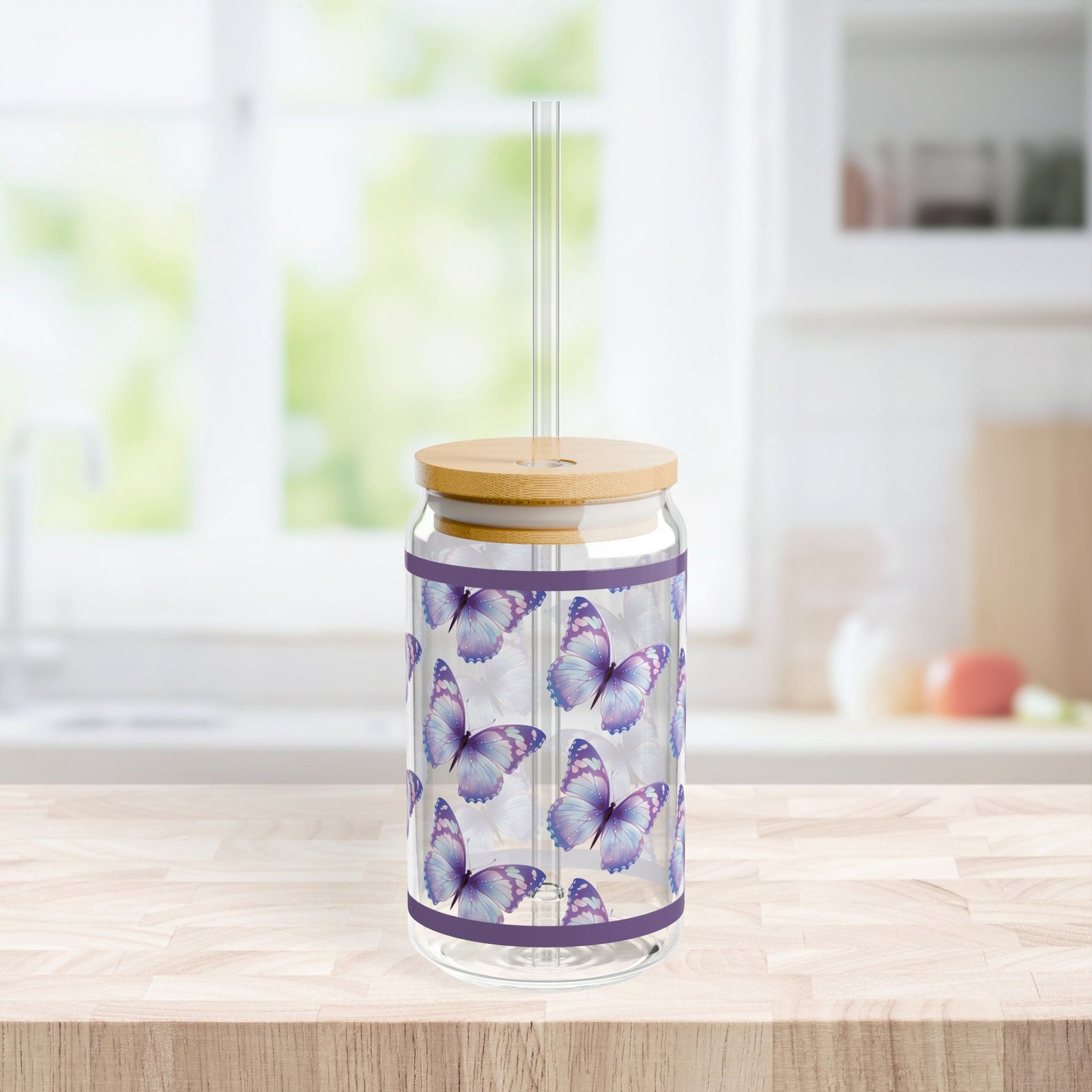 Purple Spring Butterfly Sipper Glass  — Reusable Straw (16 oz) - Image 2