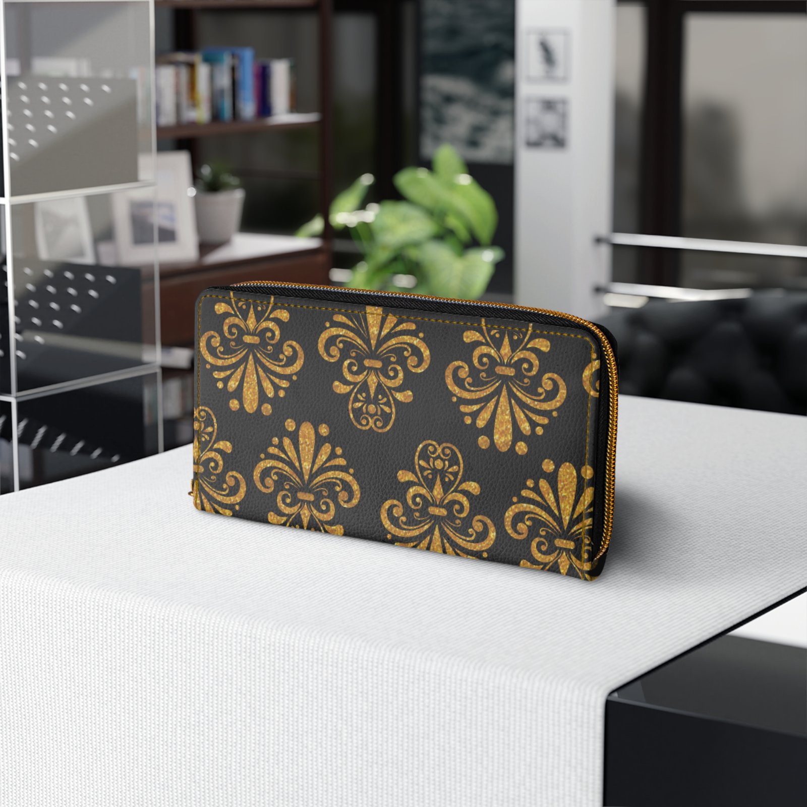 Elegant Floral Lace Black & Gold Zipper Wallet - Image 2