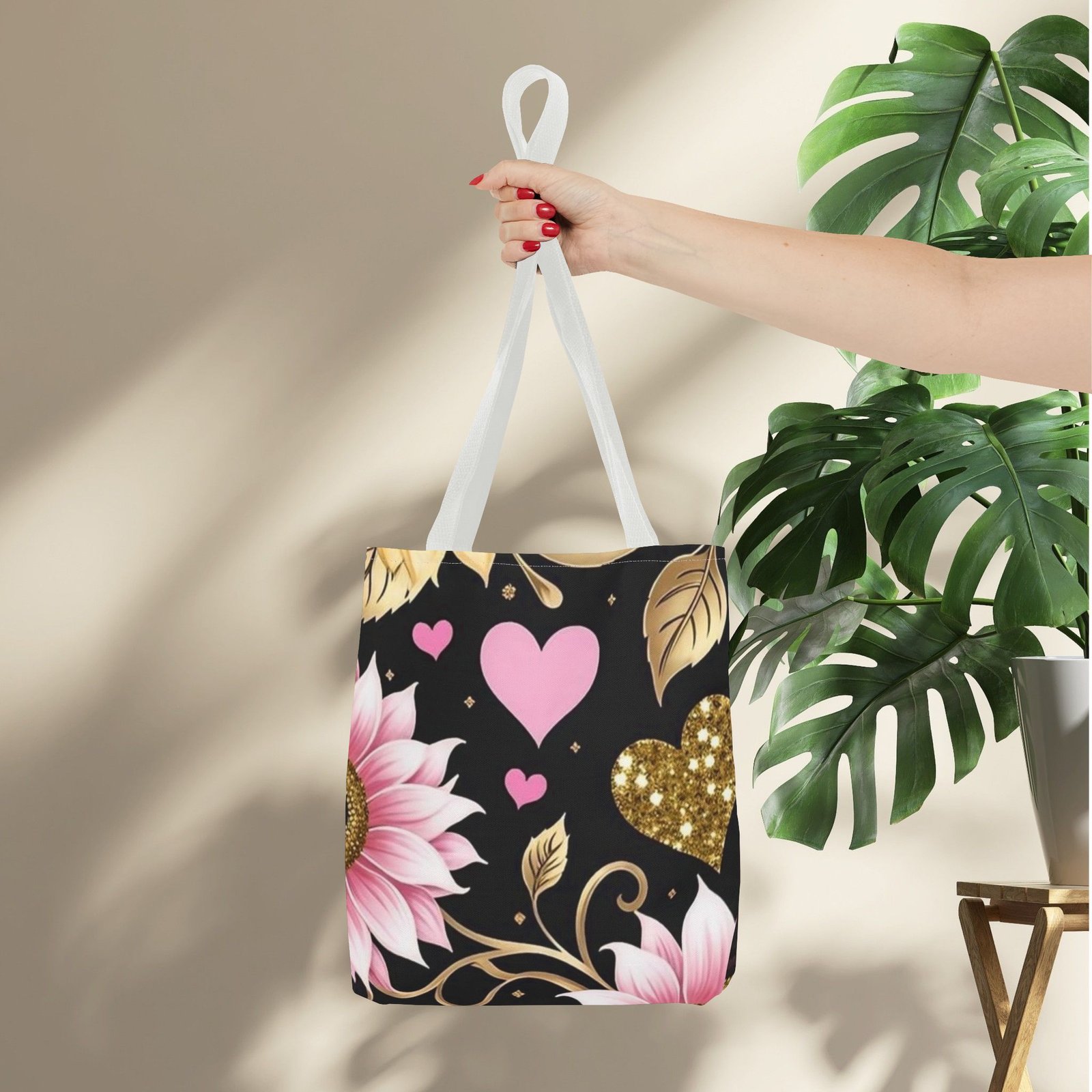 Pink Floral & Glitter Gold Hearts Tote Bag - Image 15