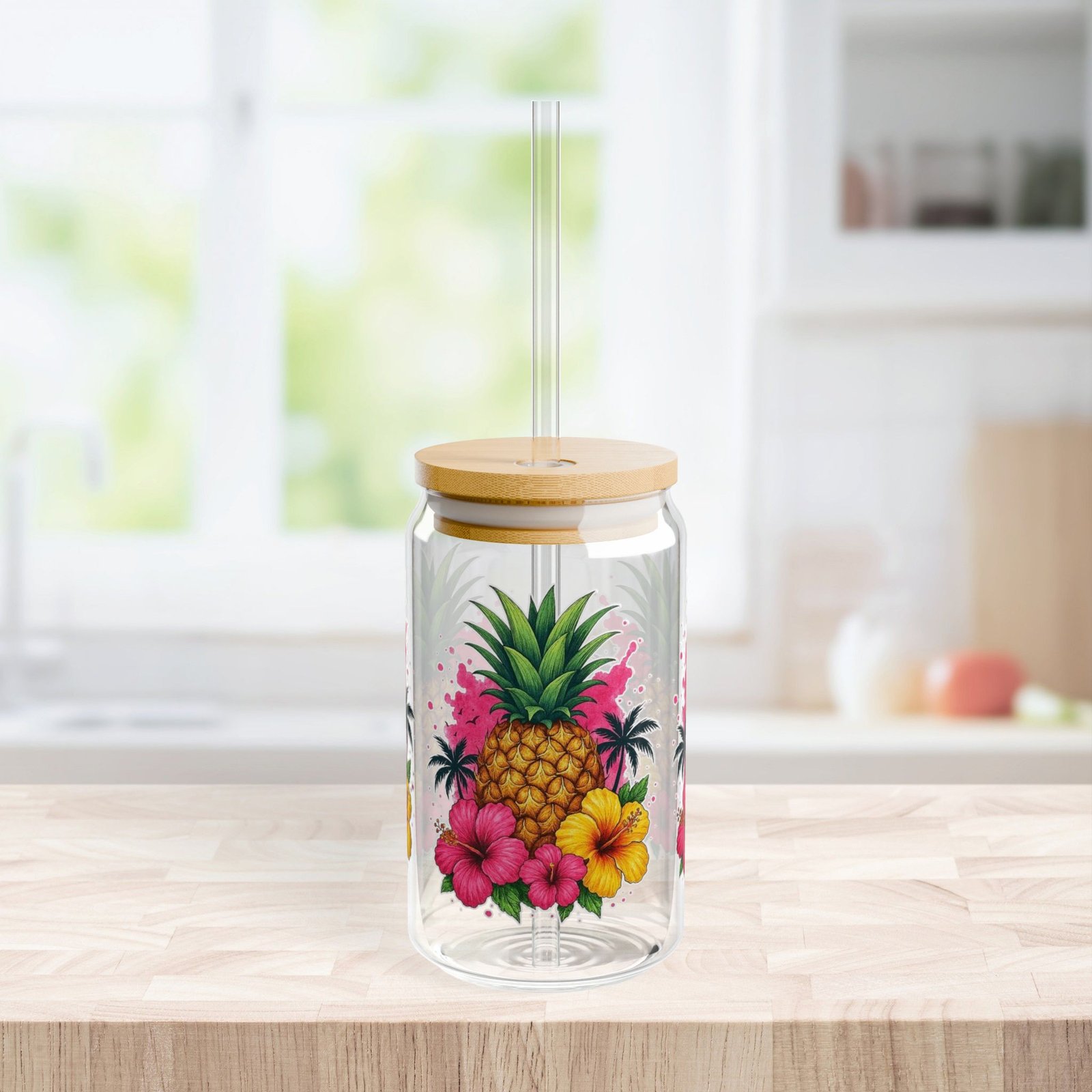 Pineapple Hibiscus Tropical Sipper Glass – 16oz with Straw