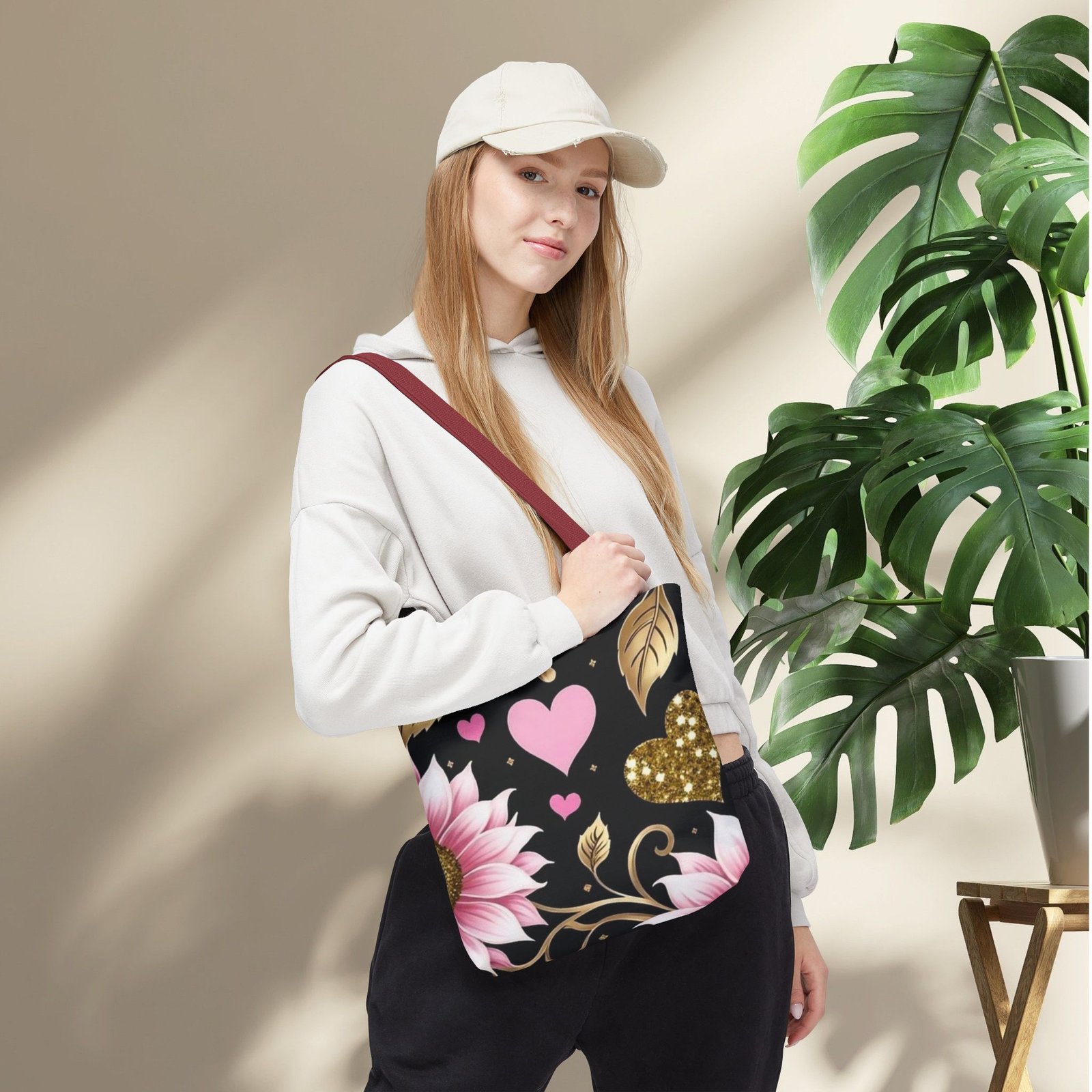 Pink Floral & Glitter Gold Hearts Tote Bag - Image 10