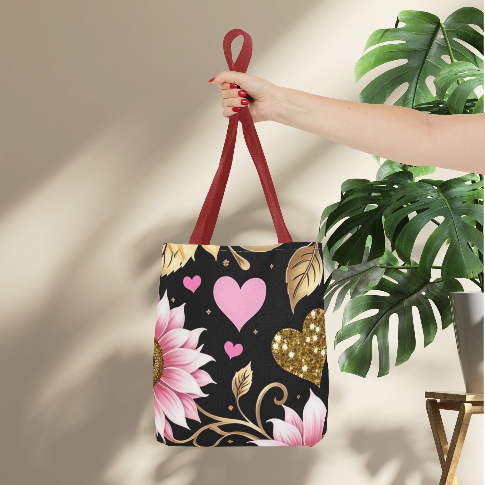 Pink Floral & Glitter Gold Hearts Tote Bag - Image 9