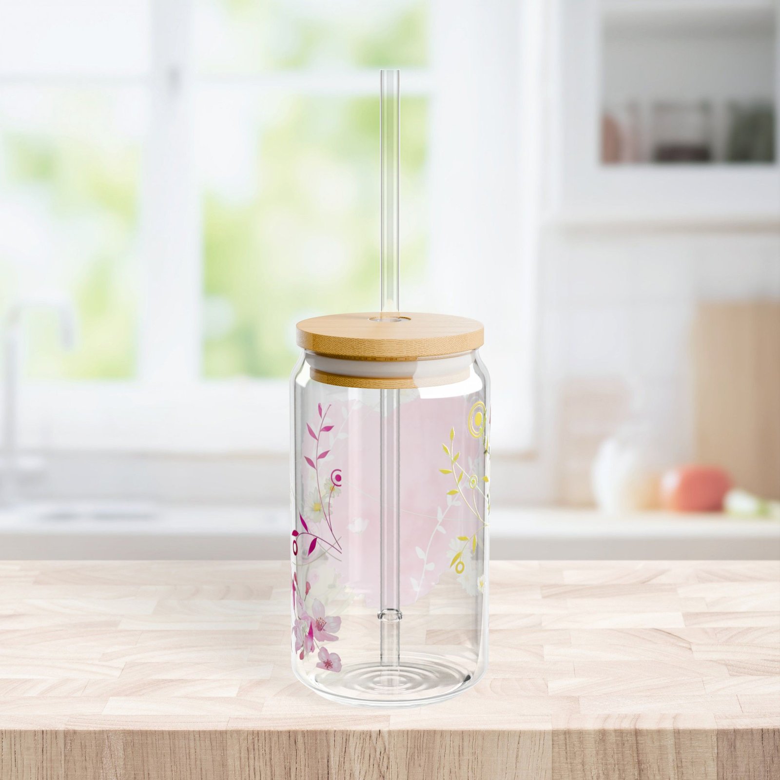 Pink Watercolor Heart & Floral 16oz Glass Sipper with Reusable Straw - Image 4