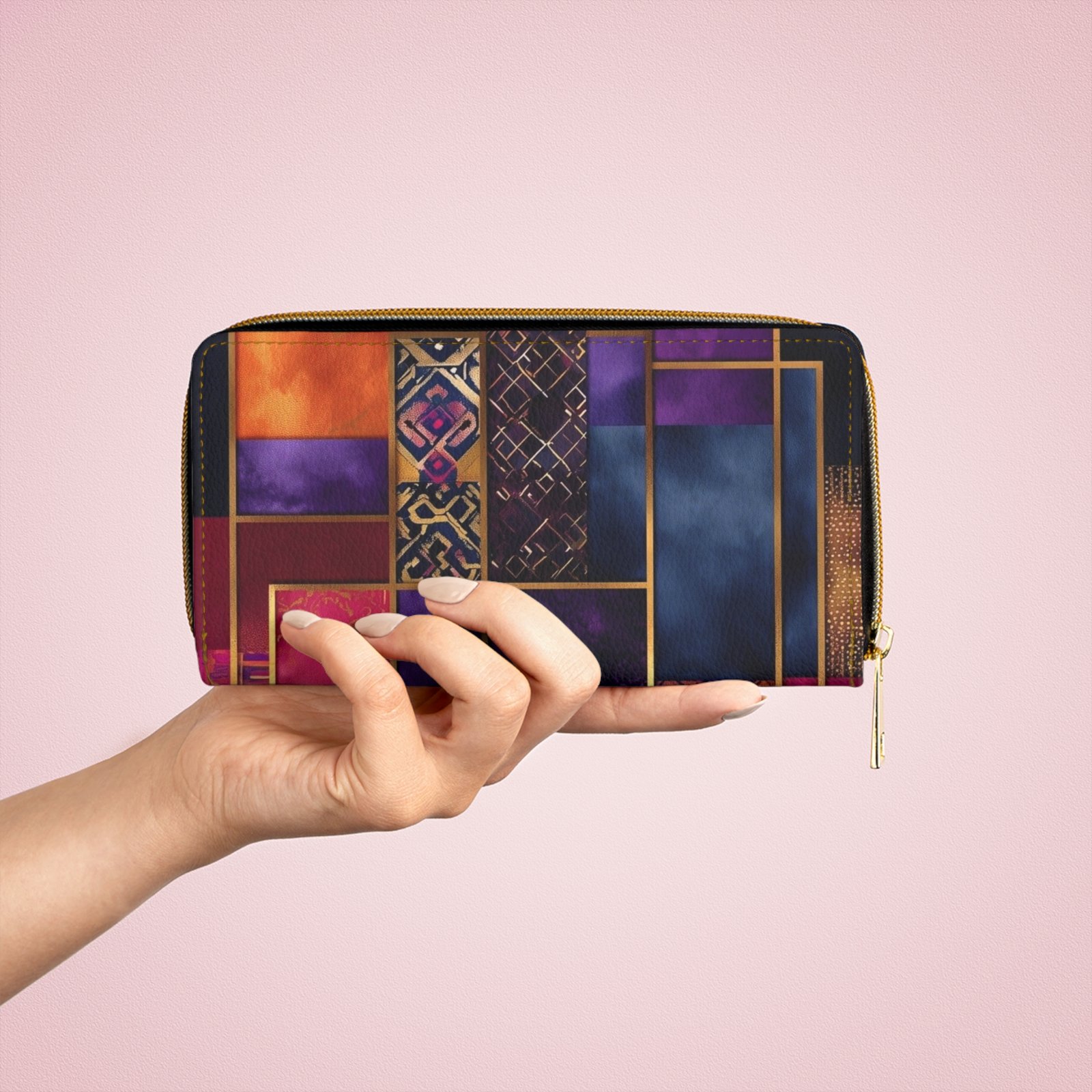 Boho Multi Color Geometric Patchwork Zipper Wallet - Image 4