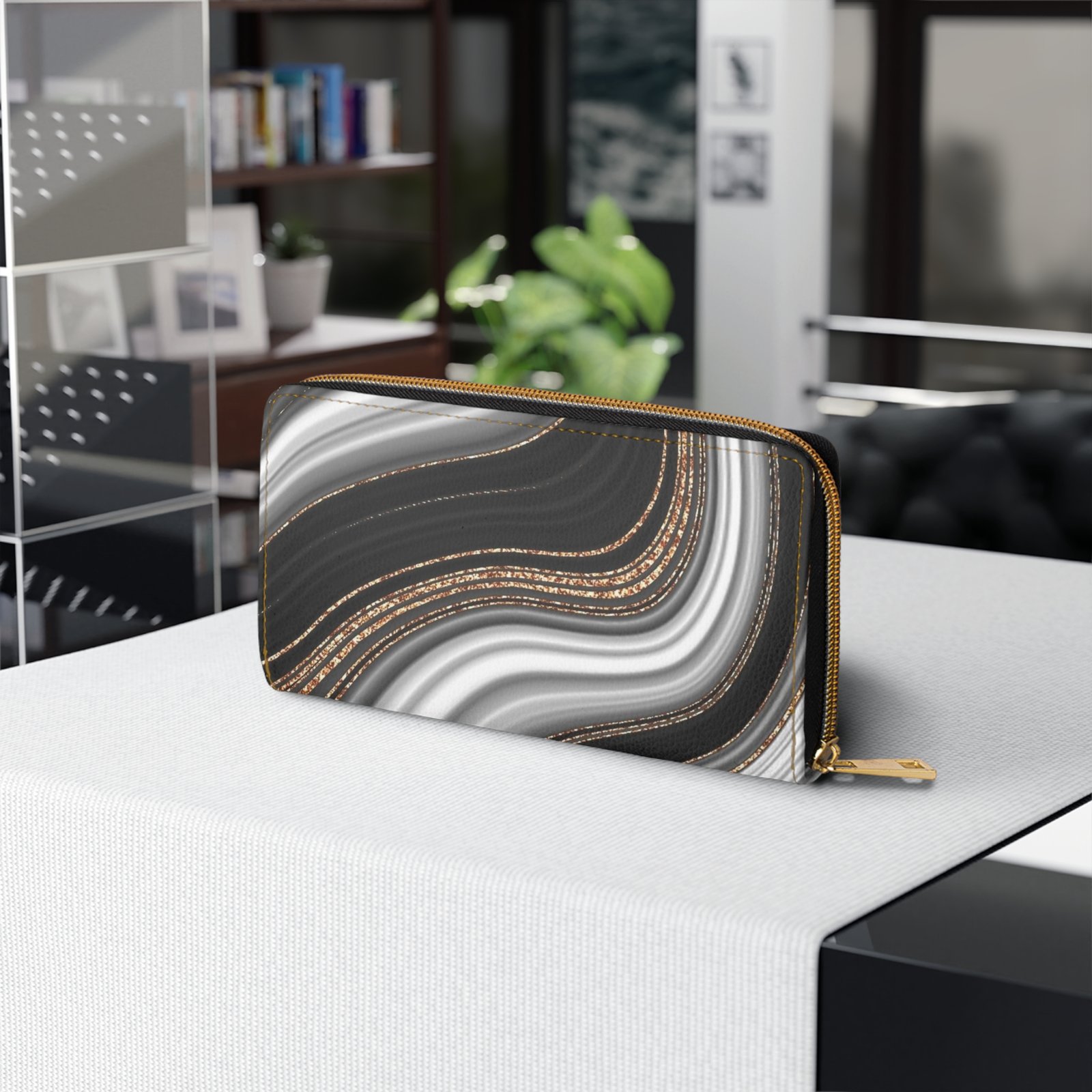 Marble Swirl Black, White & Gold Zipper Wallet