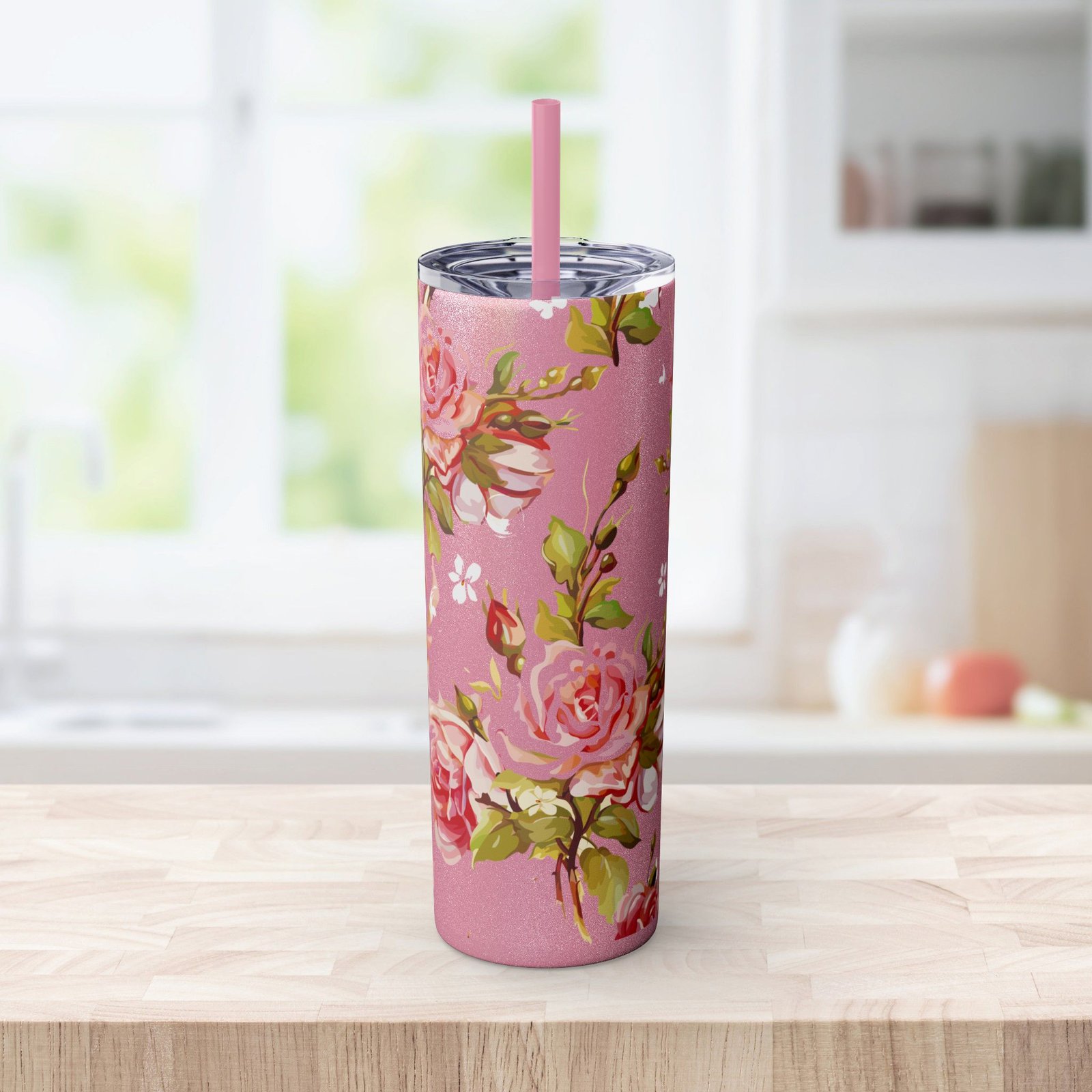 Glitter Rose Skinny Tumbler, 20oz - Multiple Colors - Image 1