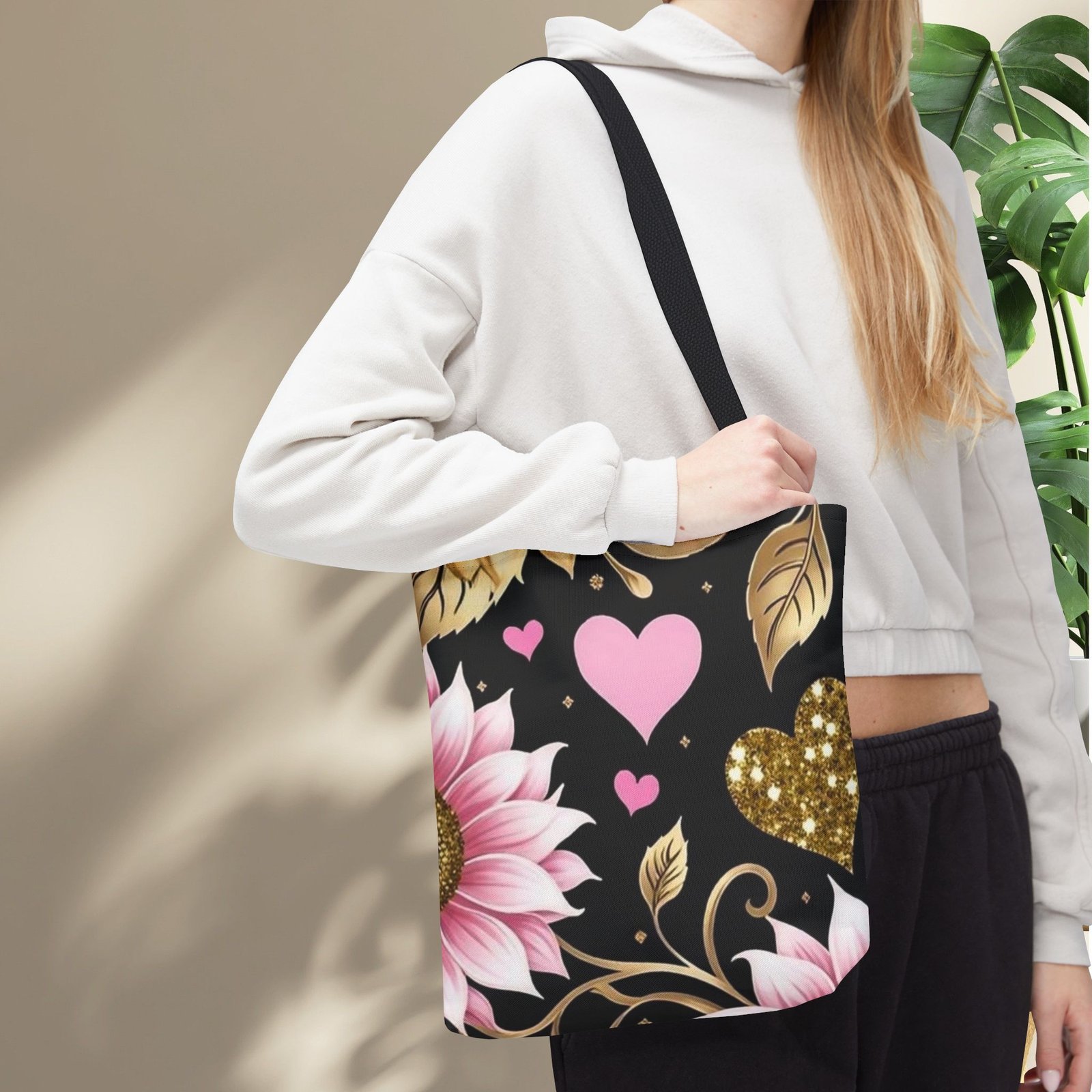 Pink Floral & Glitter Gold Hearts Tote Bag - Image 6