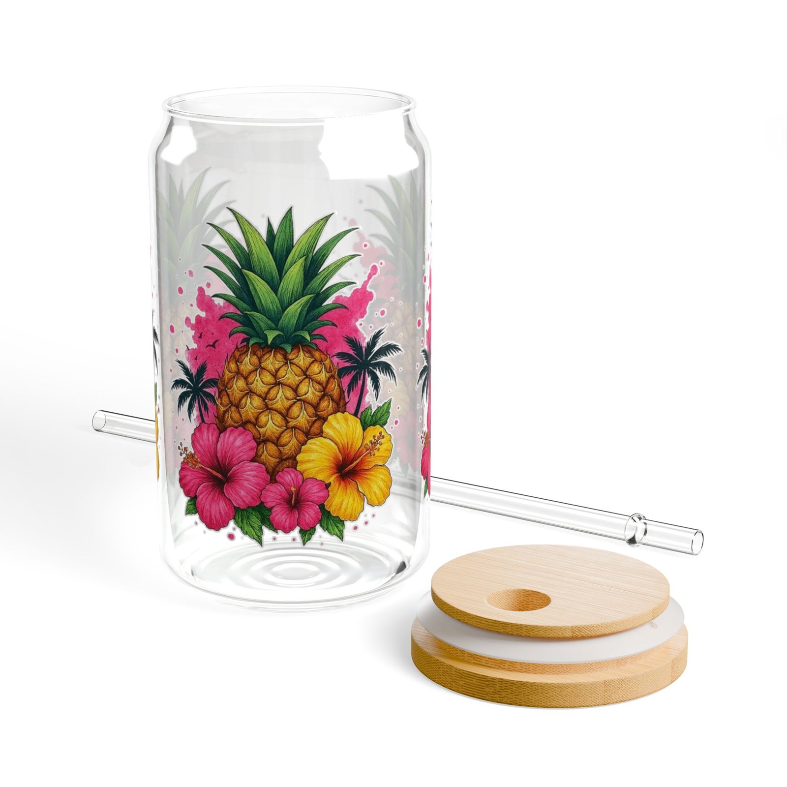 Pineapple Hibiscus Tropical Sipper Glass – 16oz with Straw - Image 5
