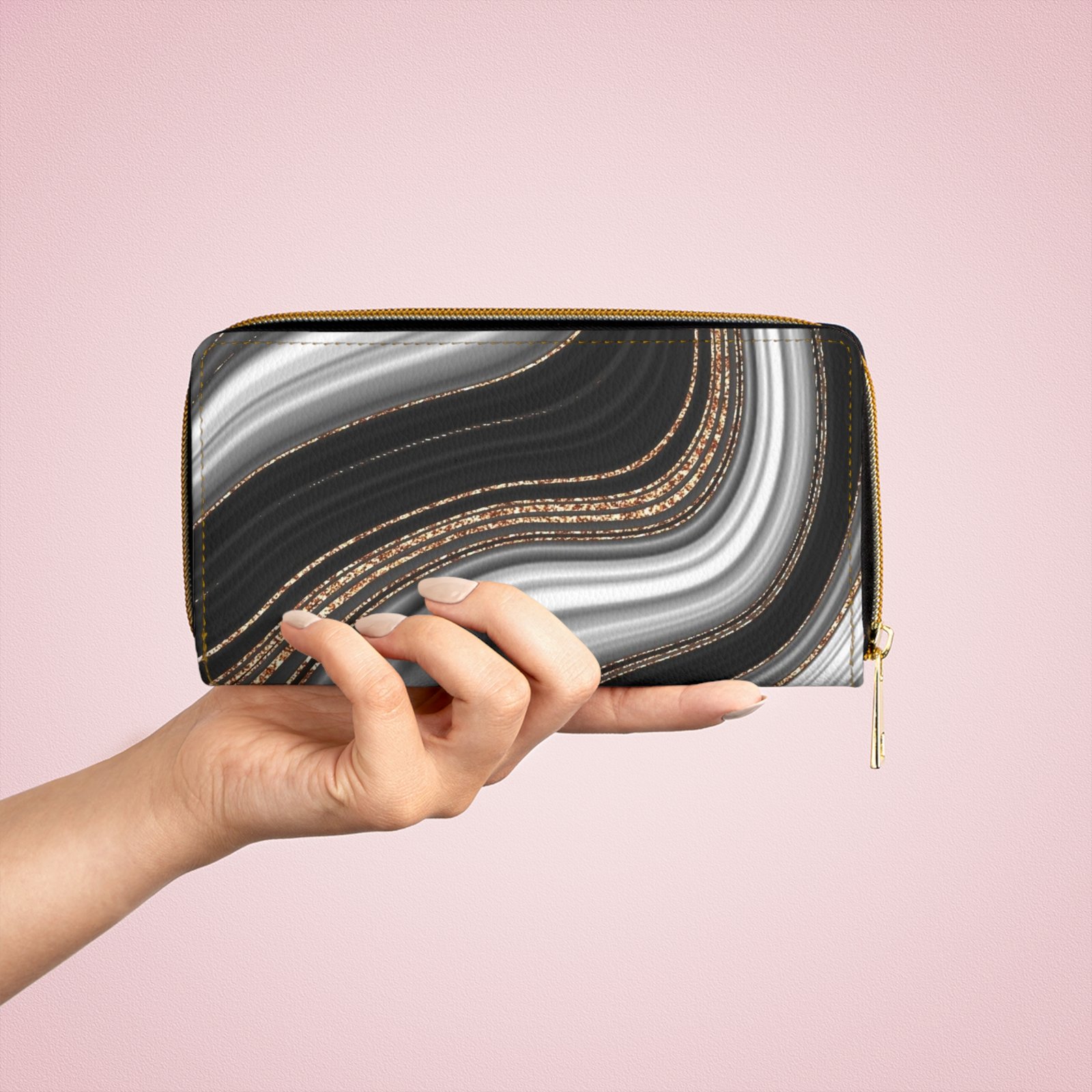Marble Swirl Black, White & Gold Zipper Wallet - Image 4