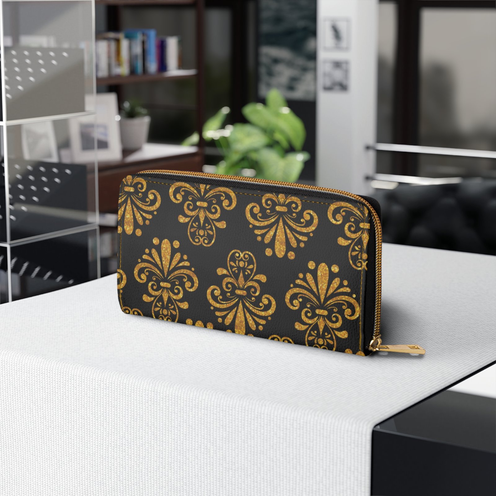 Elegant Floral Lace Black & Gold Zipper Wallet