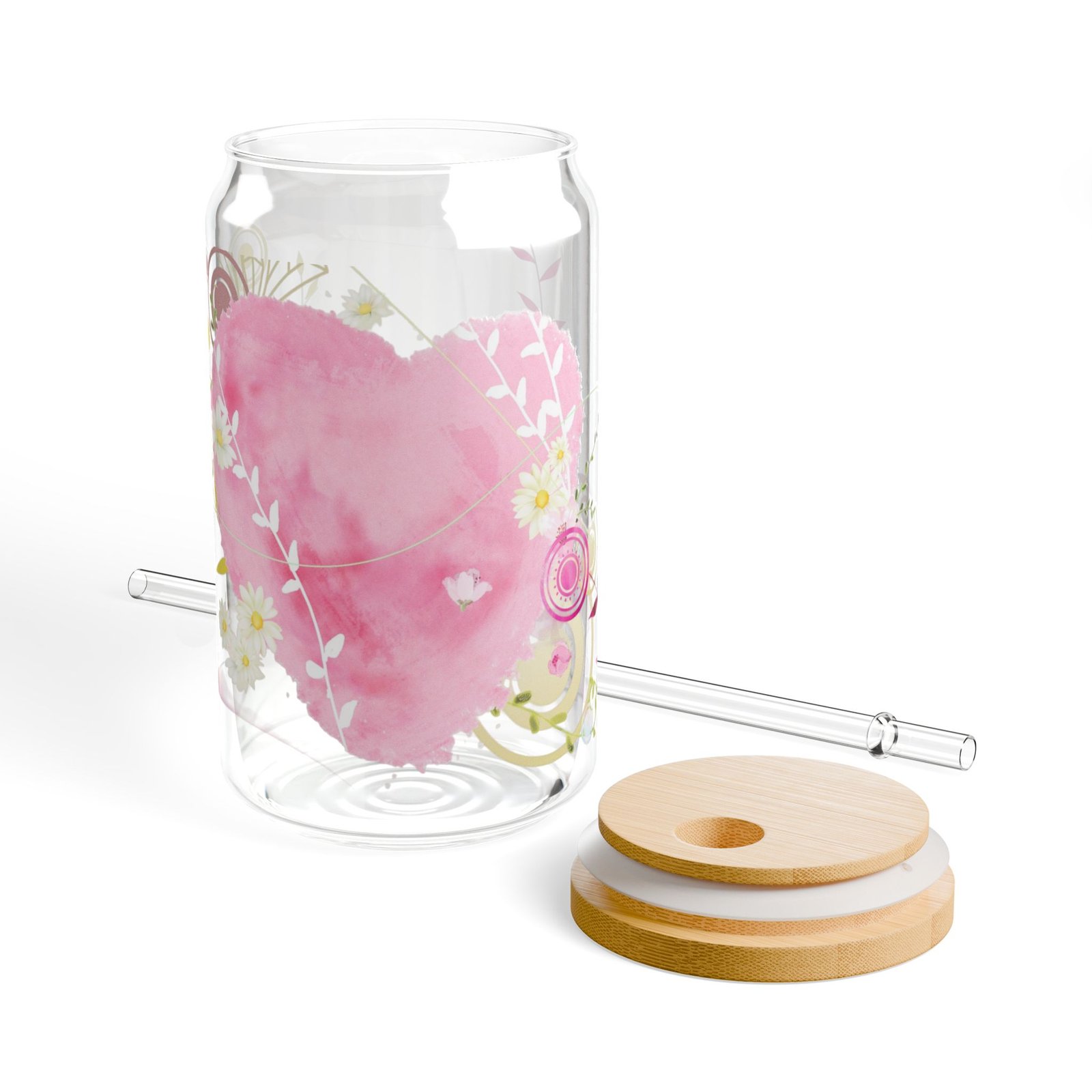Pink Watercolor Heart & Floral 16oz Glass Sipper with Reusable Straw - Image 6